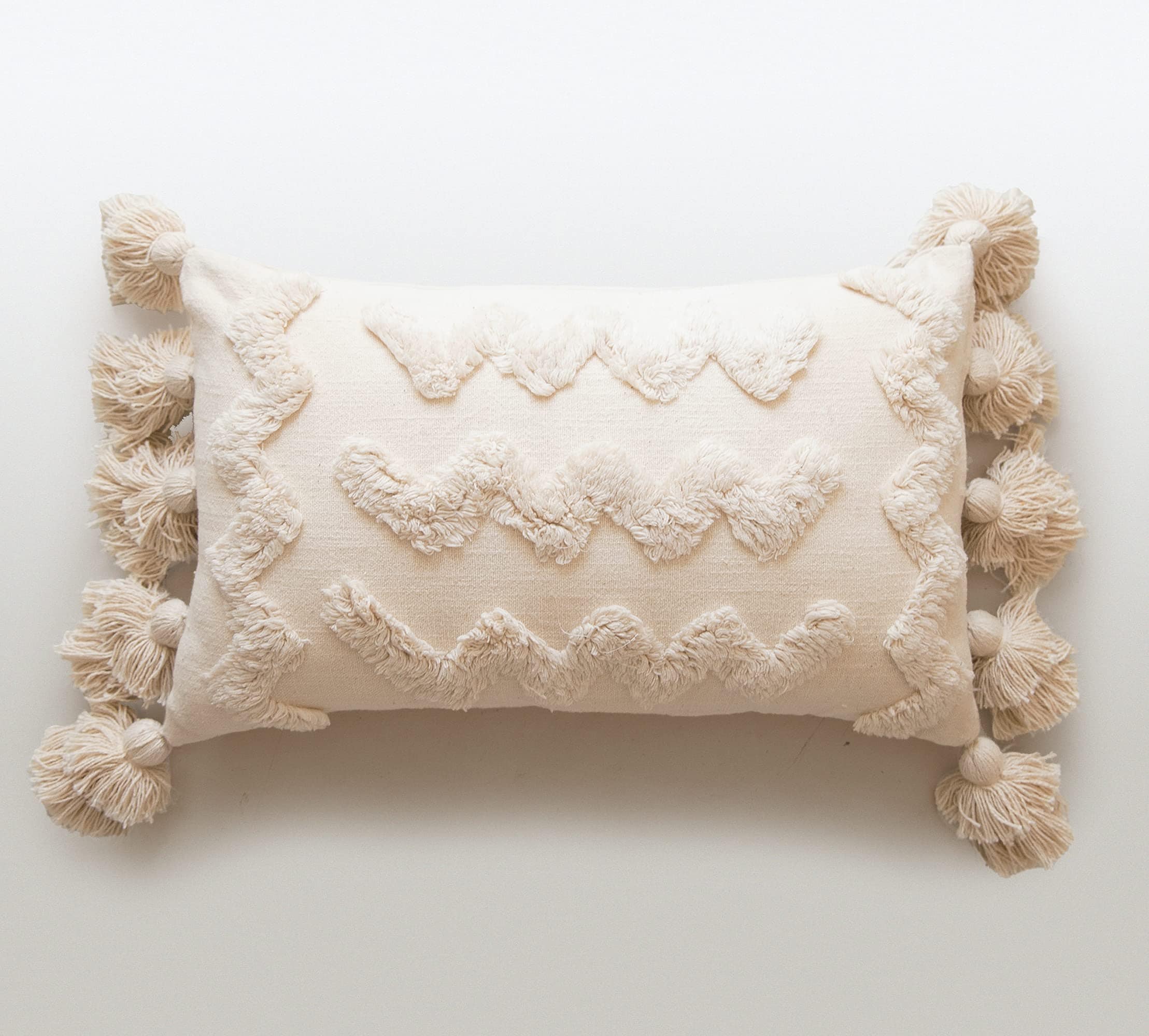 Bohemian Lumbar Pillow Cover 12x20 | 100% Cotton Hand-Tufted Decorative Throw Pillow with Chunky Tassels | Perfect for Bed or Couch | White Lumbar Pillow Cover