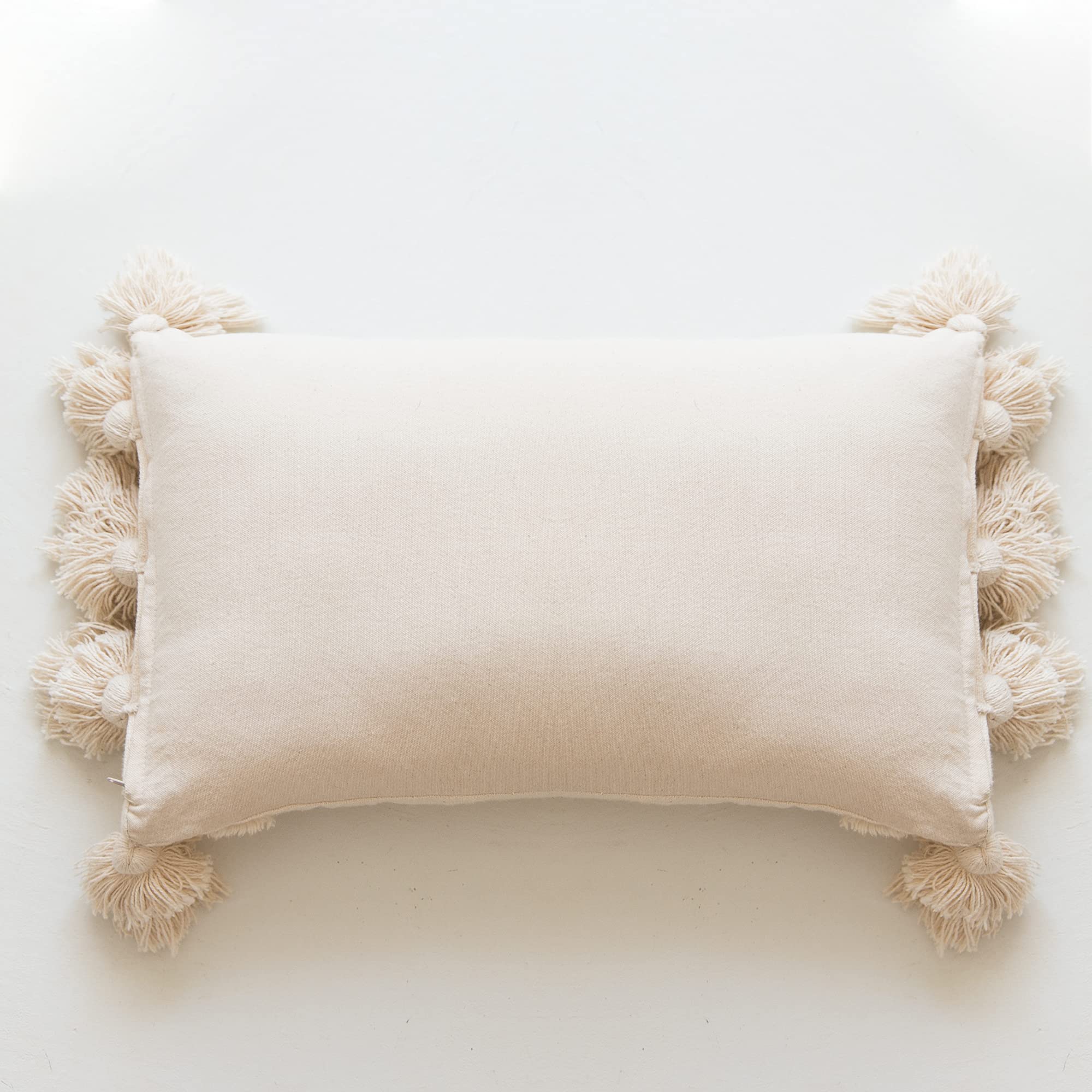 Bohemian Lumbar Pillow Cover 12x20 | 100% Cotton Hand-Tufted Decorative Throw Pillow with Chunky Tassels | Perfect for Bed or Couch | White Lumbar Pillow Cover