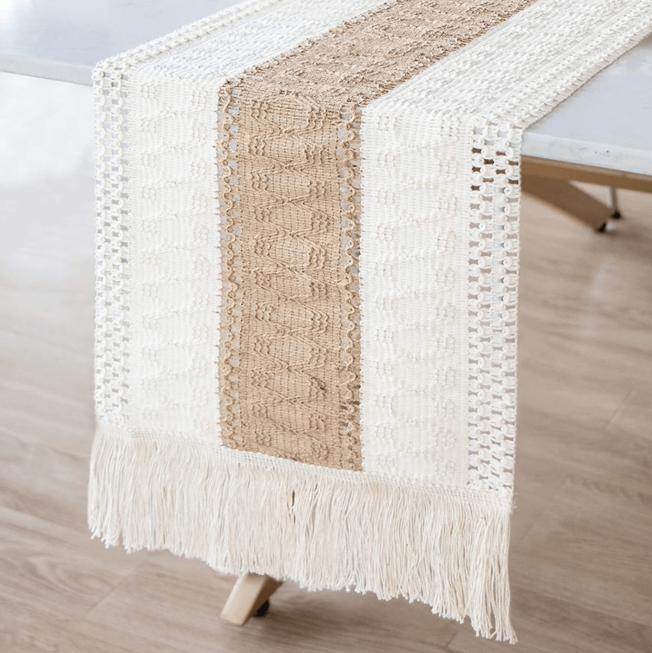 Bohemian Macrame Table Runner - (12x108 Inches) Natural Burlap Runner for Wedding Dinner Table Decor - Woven Rustic Runner with Tassels - Beige