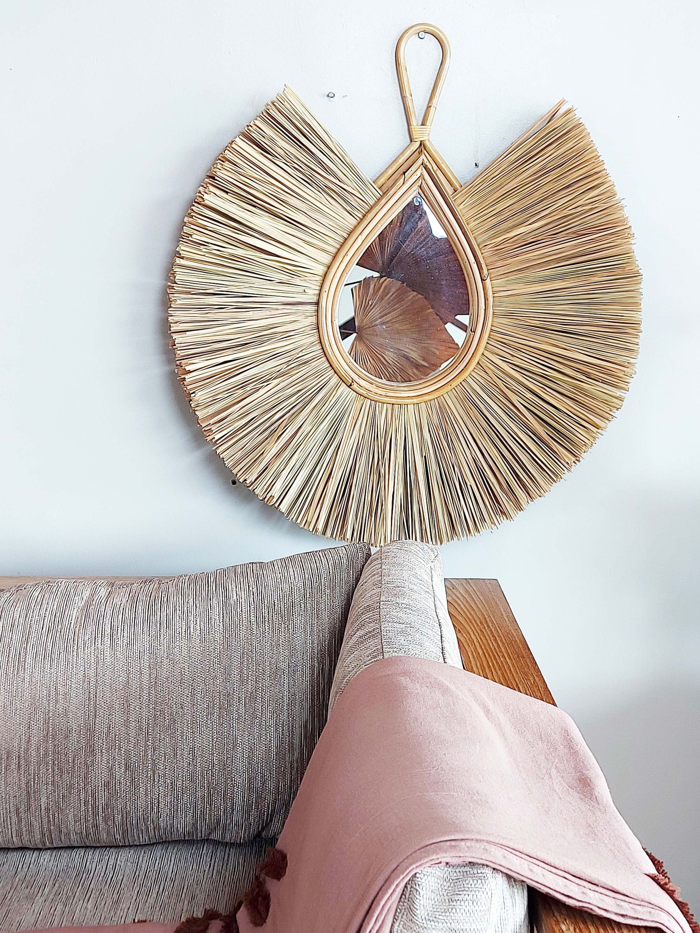 Bohemian Raffia and Seagrass Mirror: Unique Wall Art for Home Décor, Perfect for Housewarming