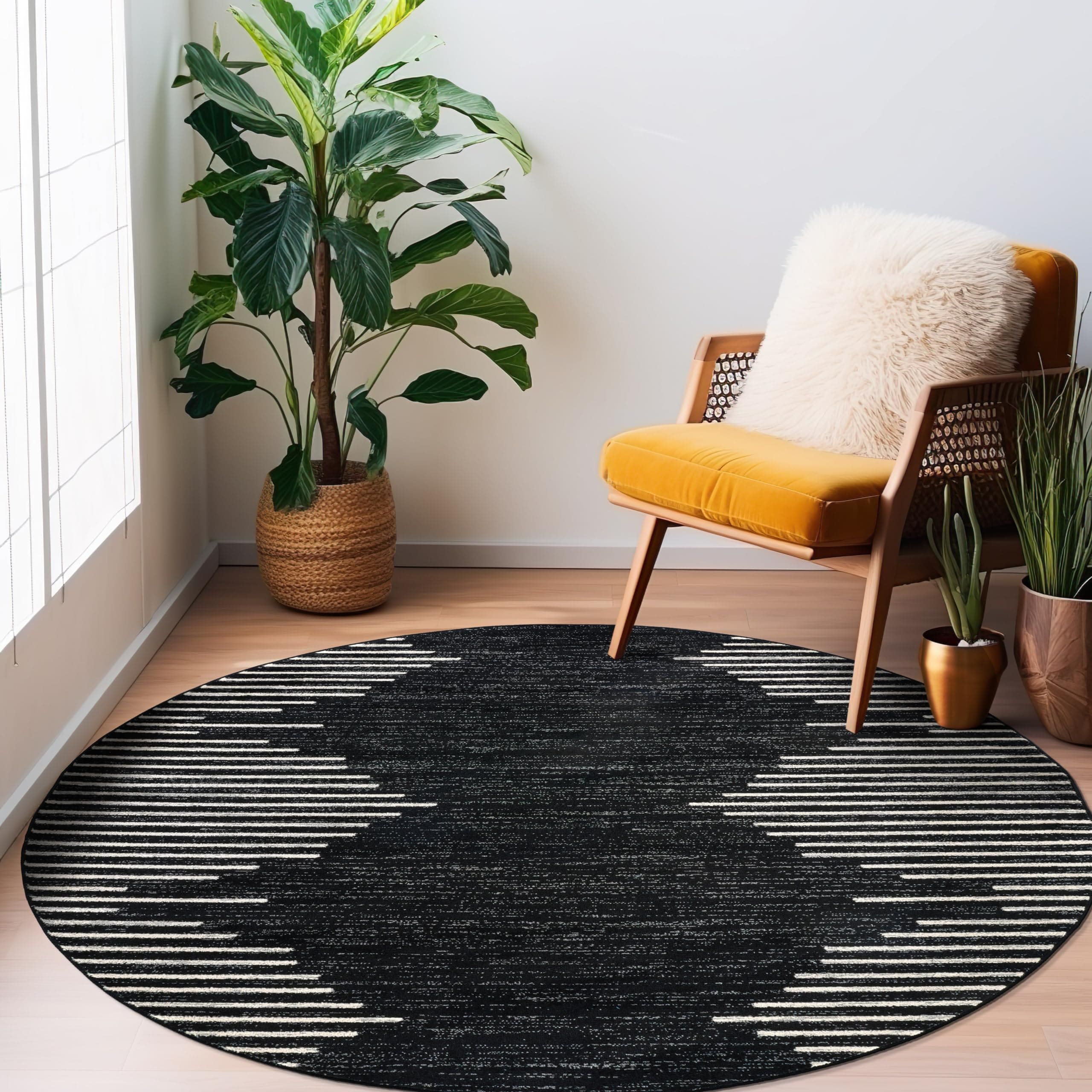 Bohemian Stripe Round Area Rug – 6' Round, Stain Resistant, High Traffic, Ideal for Living Room, Kitchen, Bedroom, and Dining Room, Black