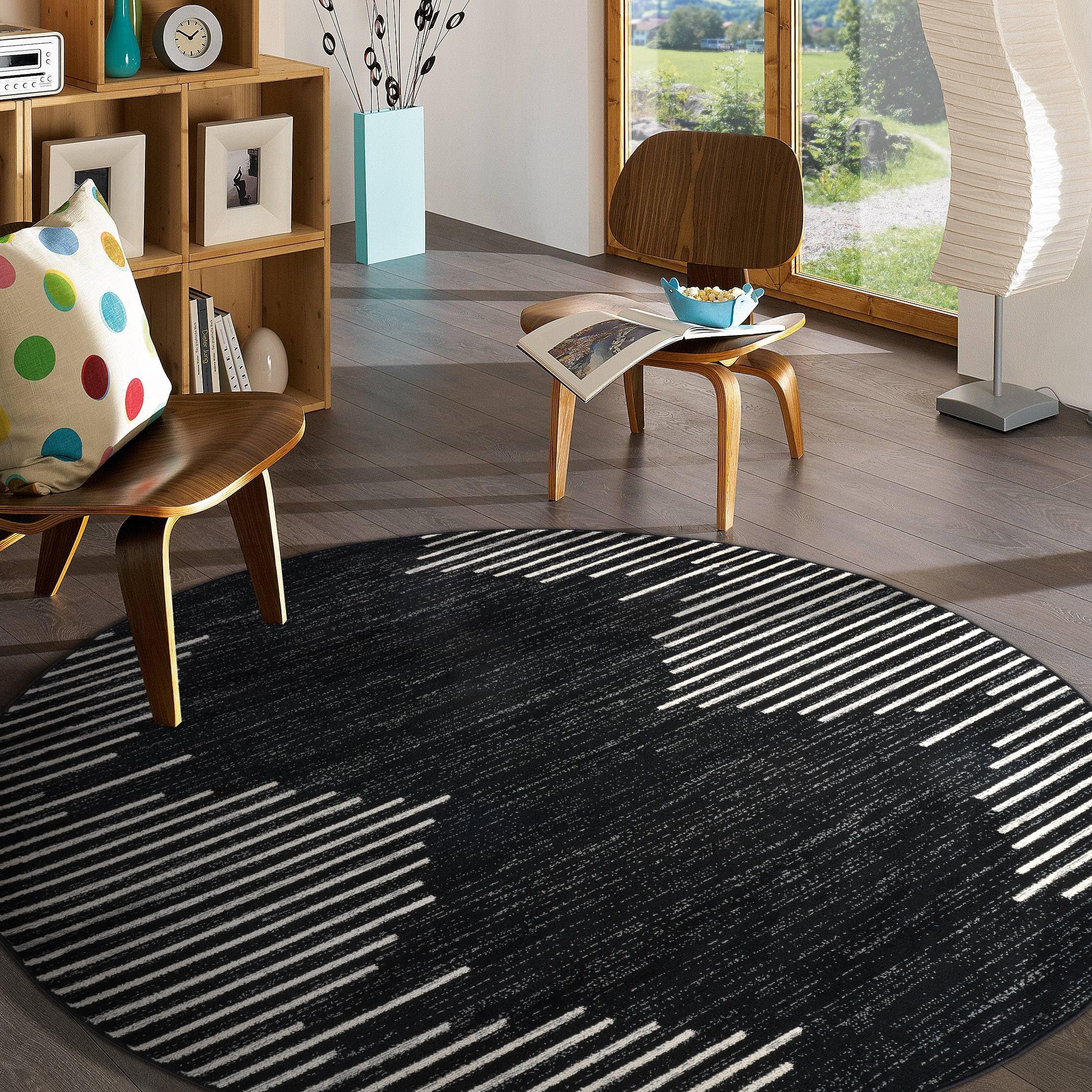 Bohemian Stripe Round Area Rug – 6' Round, Stain Resistant, High Traffic, Ideal for Living Room, Kitchen, Bedroom, and Dining Room, Black