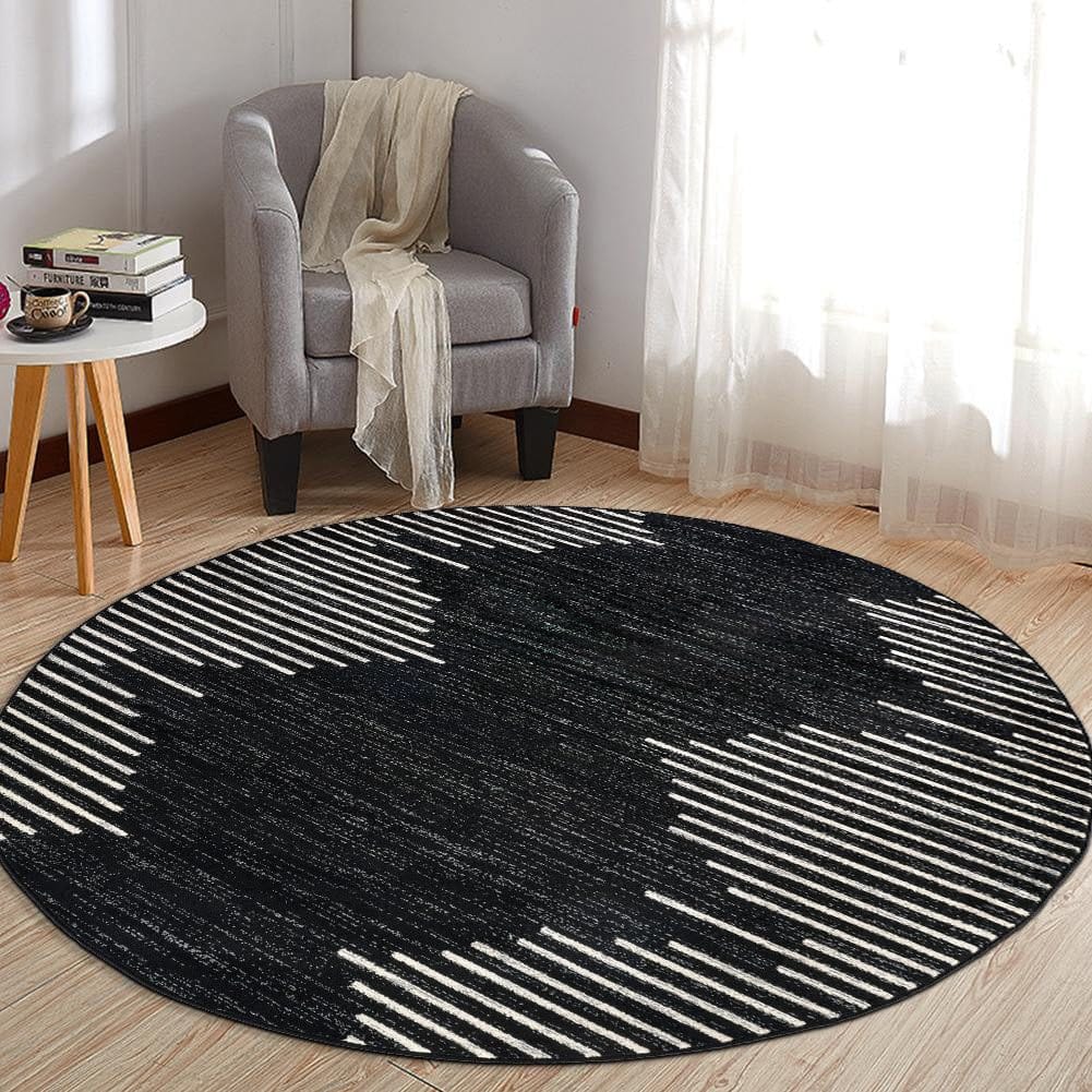 Bohemian Stripe Round Area Rug – 6' Round, Stain Resistant, High Traffic, Ideal for Living Room, Kitchen, Bedroom, and Dining Room, Black