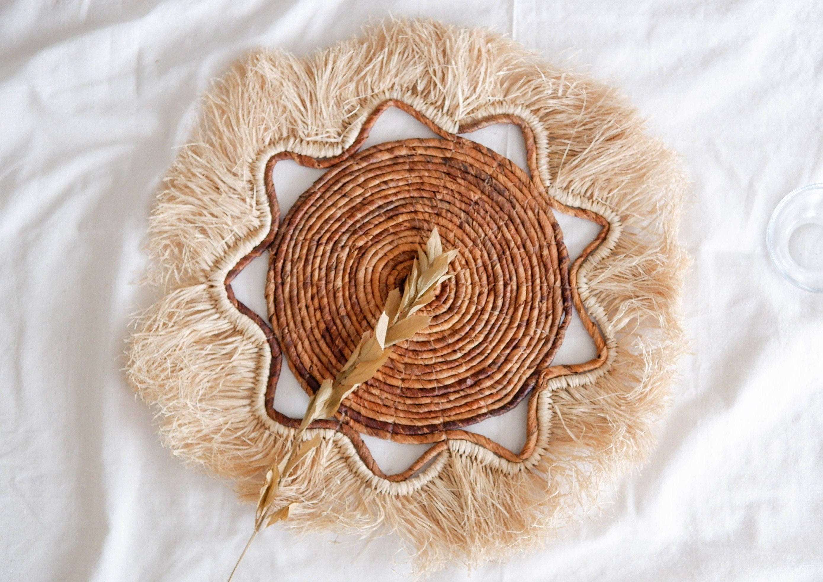 Boho Banana Bark Fringe Basket Wall Decor - Coastal-Inspired Raffia Wall Hanging for Living Room or Bedroom