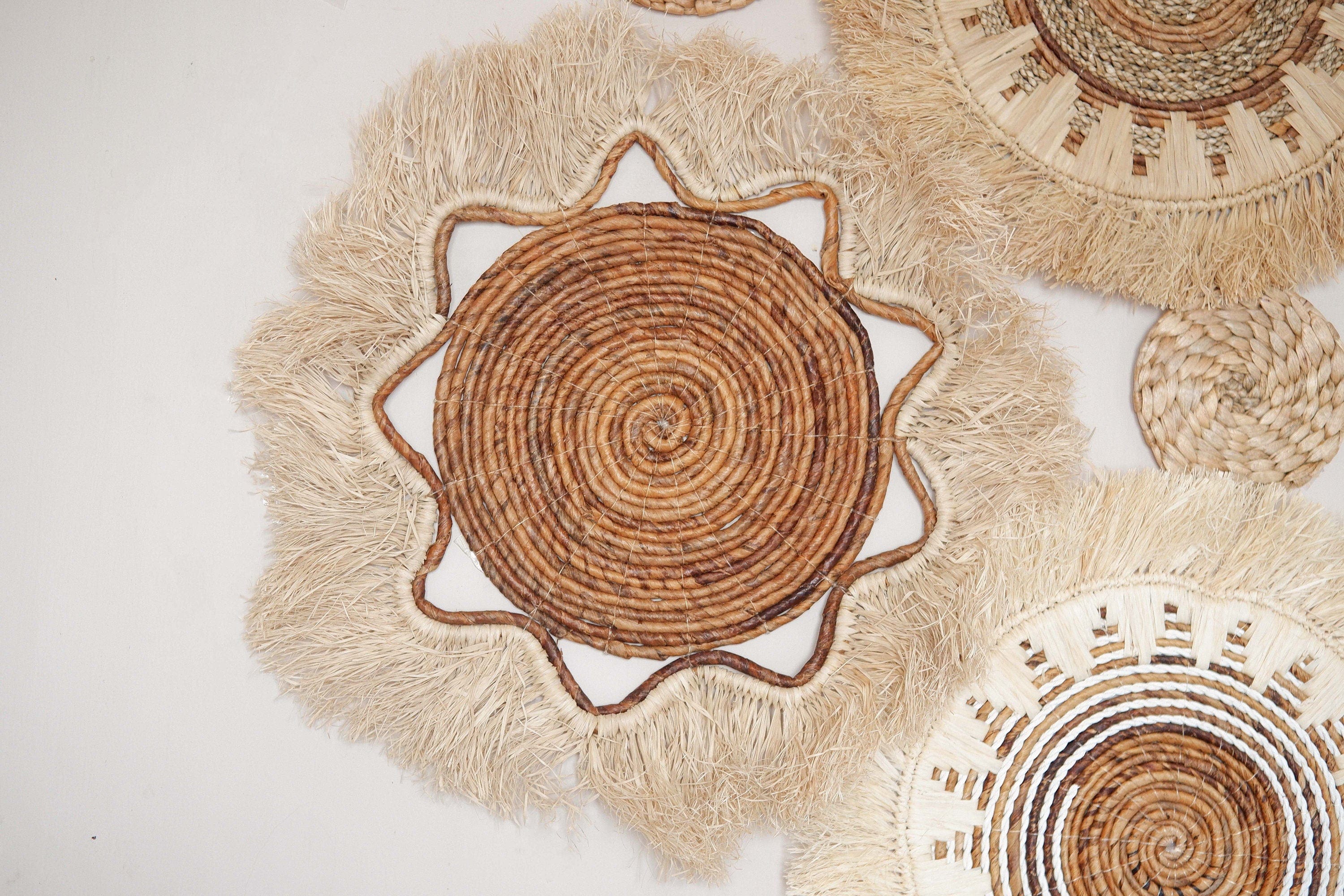 Boho Banana Bark Fringe Basket Wall Decor - Coastal-Inspired Raffia Wall Hanging for Living Room or Bedroom