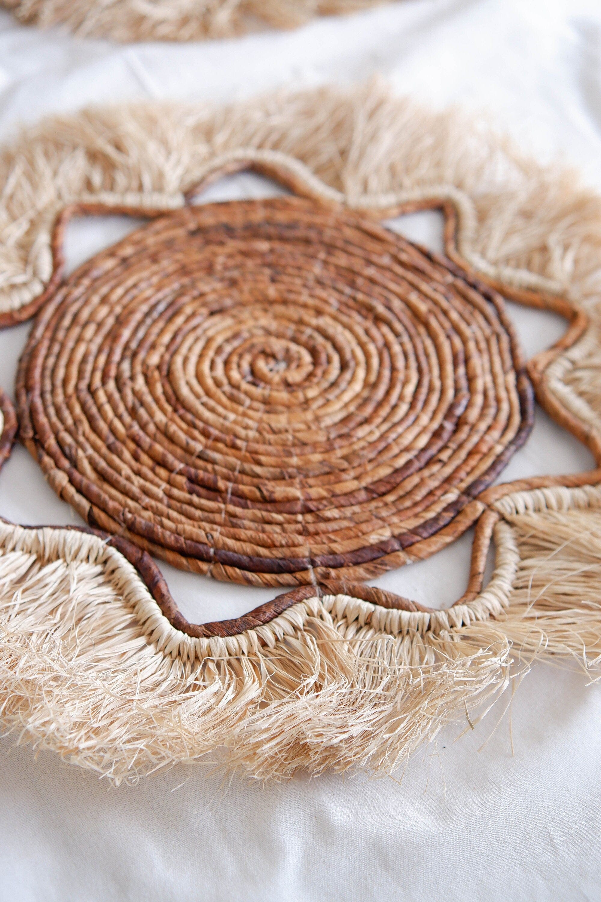 Boho Banana Bark Fringe Basket Wall Decor - Coastal-Inspired Raffia Wall Hanging for Living Room or Bedroom