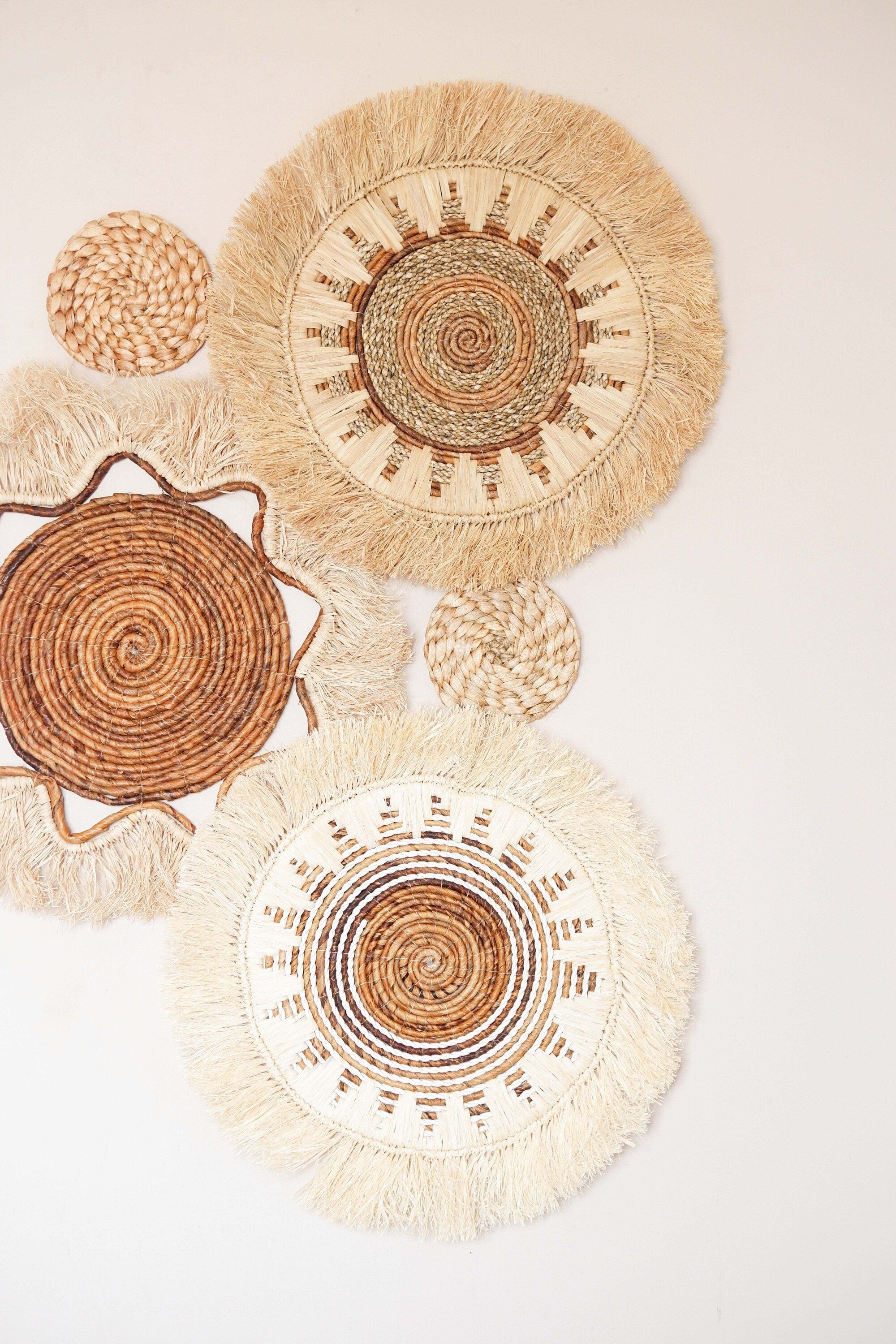 Boho Basket Wall Decor Set of 6 - Handcrafted Bohemian Hanging Wall Baskets with Fringe for Home and Event Decor