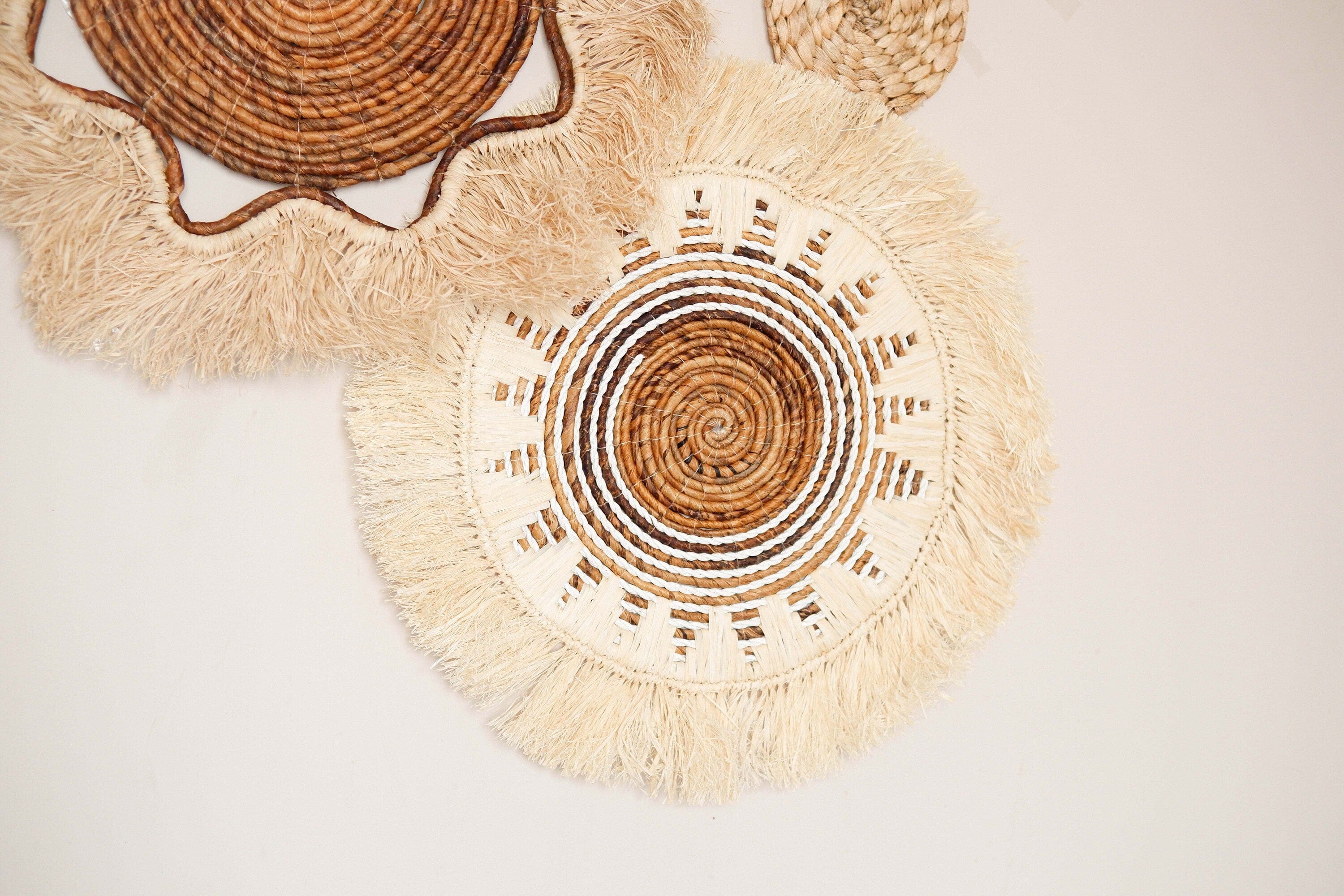 Boho Basket Wall Decor Set of 6 - Handcrafted Bohemian Hanging Wall Baskets with Fringe for Home and Event Decor