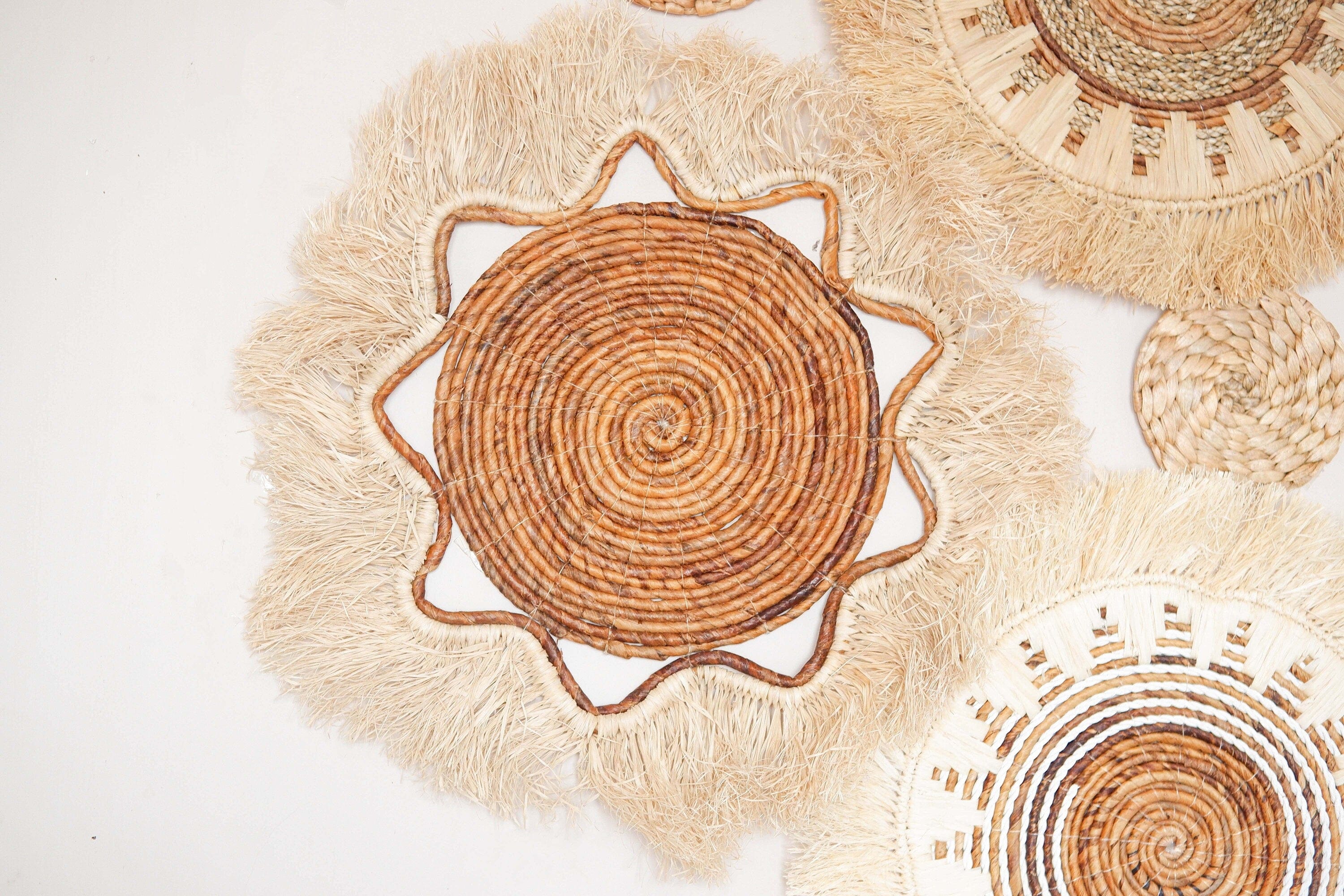 Boho Basket Wall Decor Set of 6 - Handcrafted Bohemian Hanging Wall Baskets with Fringe for Home and Event Decor