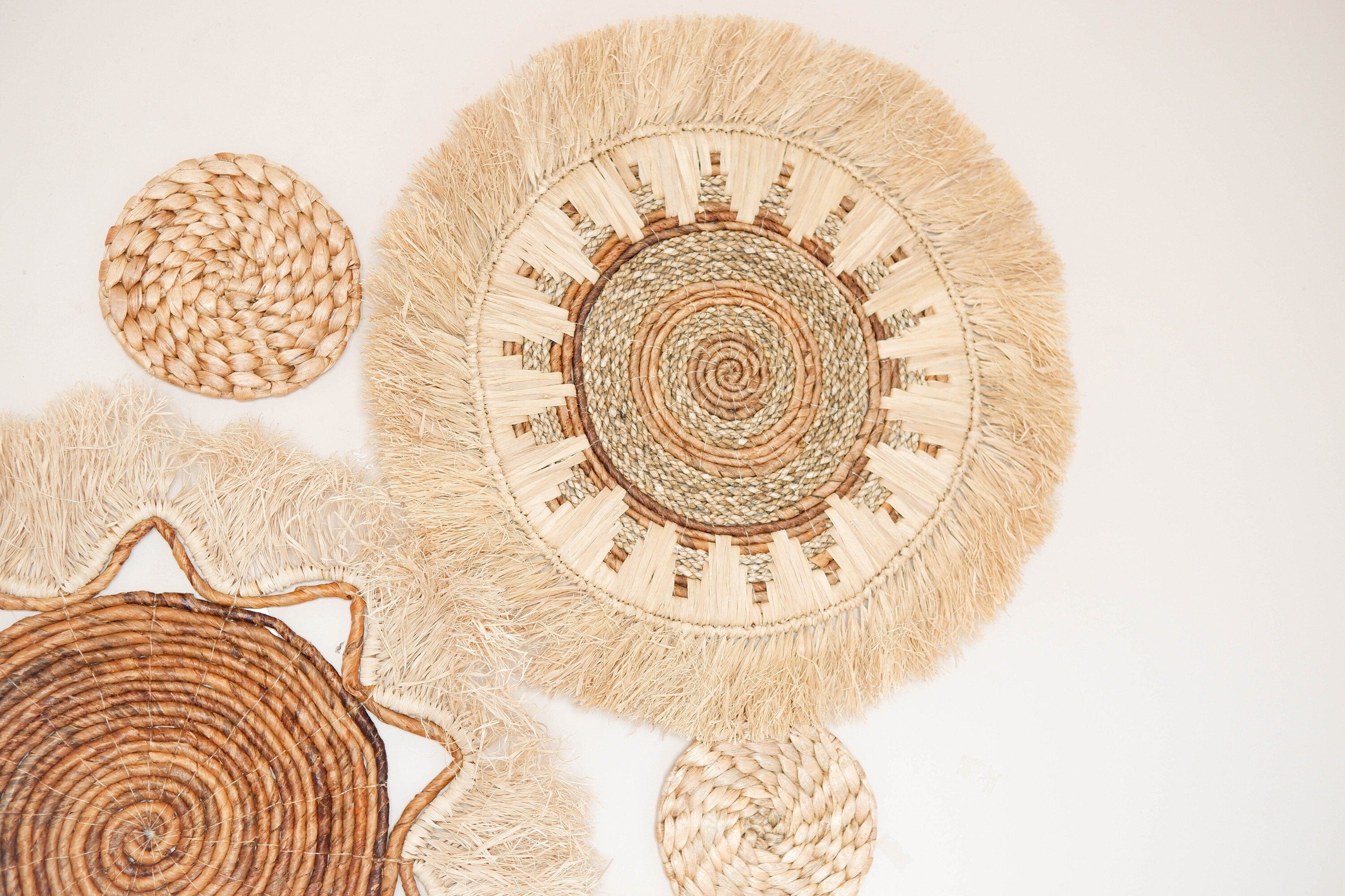 Boho Basket Wall Decor Set of 6 - Handcrafted Bohemian Hanging Wall Baskets with Fringe for Home and Event Decor