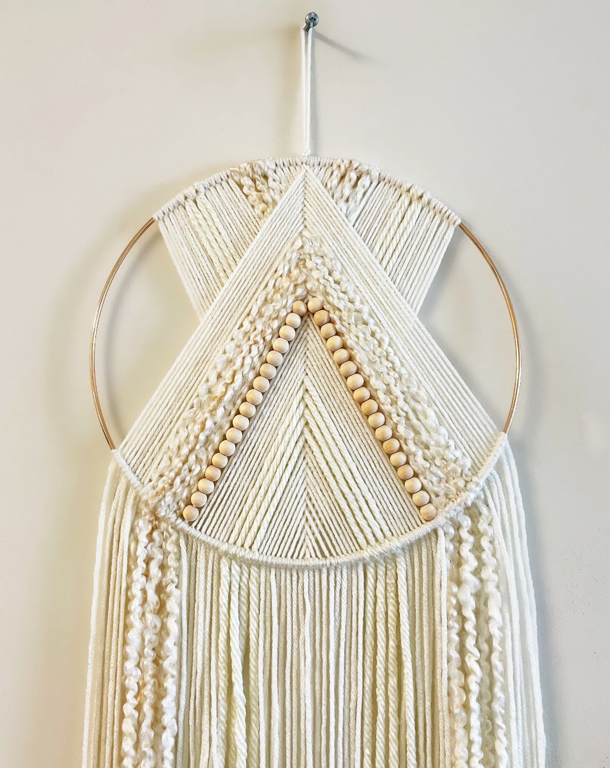 Boho Chic Beige Beaded Yarn Hoop Wall Hanging - Stylish Macrame Decor for Nurseries and Dorms 10" x 10" Hoop