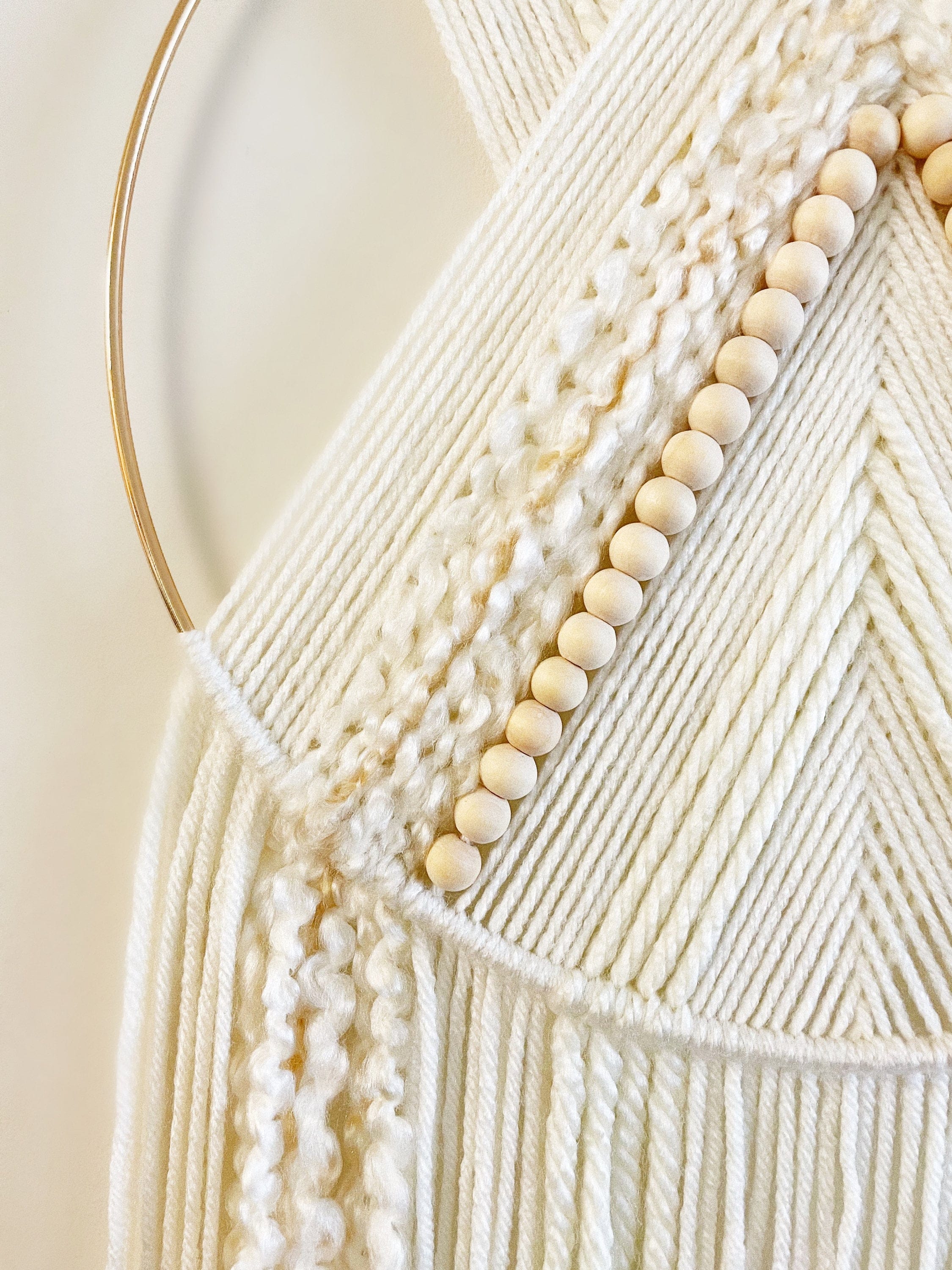 Boho Chic Beige Beaded Yarn Hoop Wall Hanging - Stylish Macrame Decor for Nurseries and Dorms