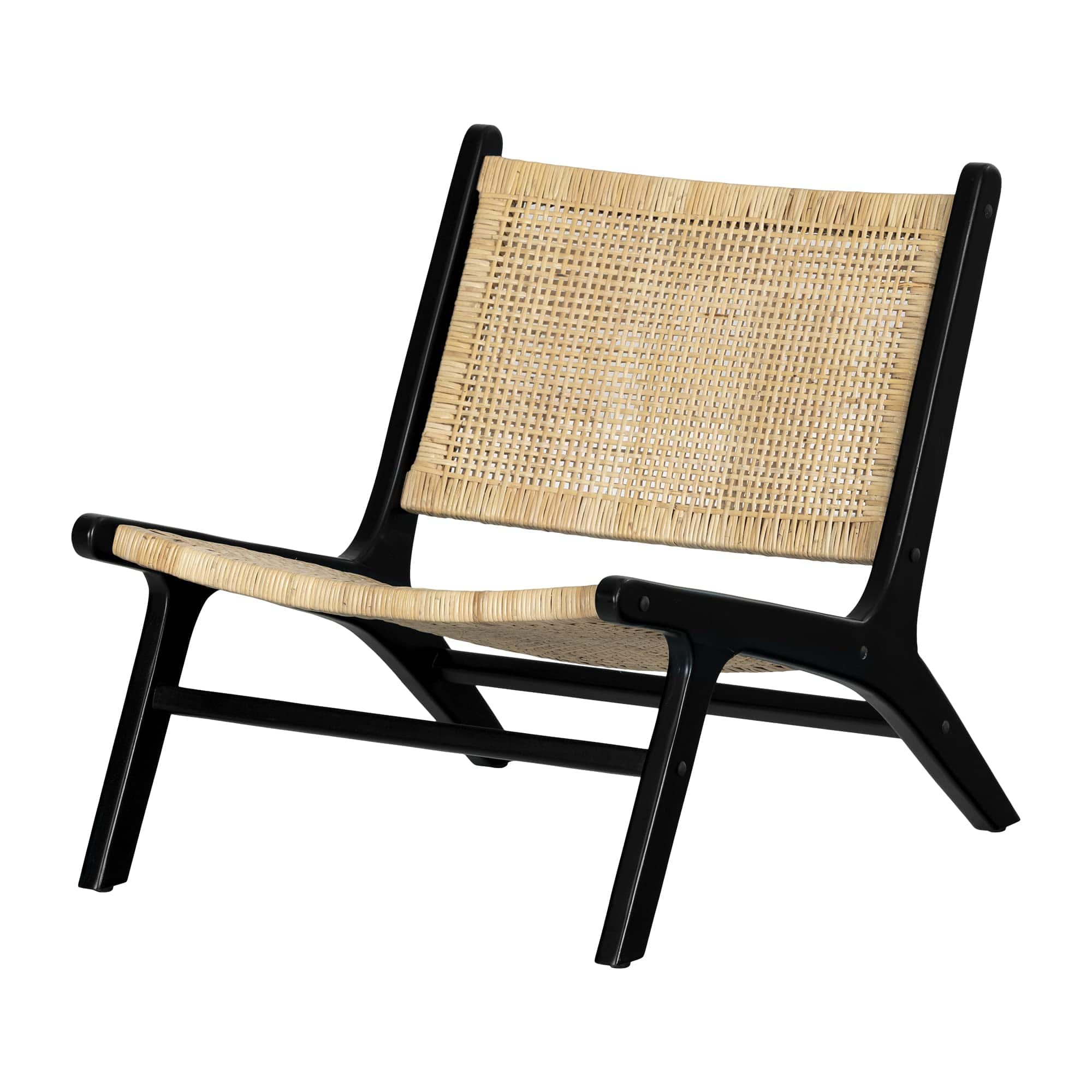 Boho-Chic Rattan and Teak Lounge Chair with Angular Design - Black