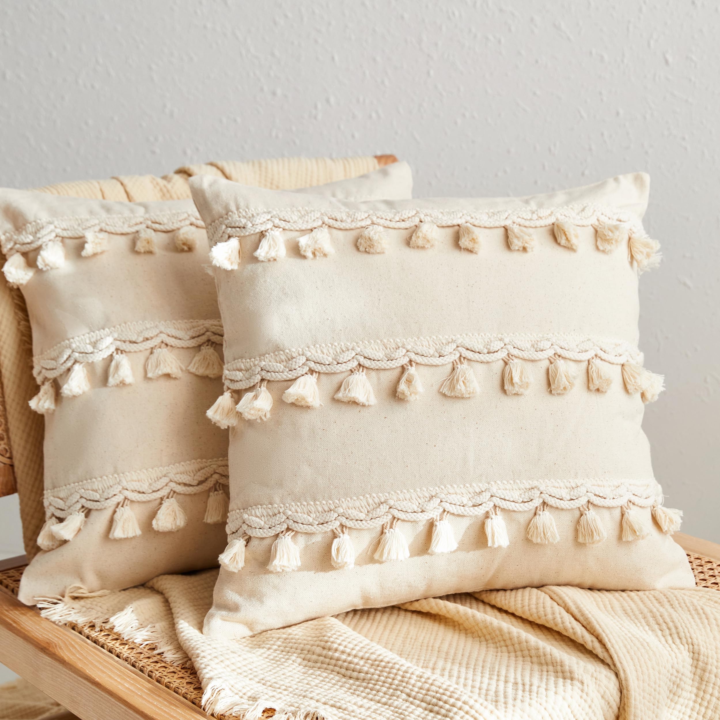 Boho Decorative Throw Pillow Covers Pack of 2, 18x18 Inch 100% Cotton Accent Beige Cushion Cover with Tassels for Bed Sofa Couch, Soft Jacquard Macrame Farmhouse Home Decor