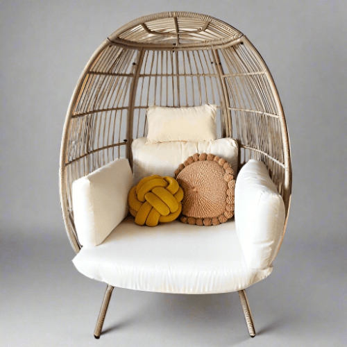 Boho Egg Chair Wicker Outdoor Indoor, Oversized Lounger with 370lbs Capacity Large Egg Chairs with Stand Cushion Egg Basket Chair for Patio, Balcony, Bedroom - Beige