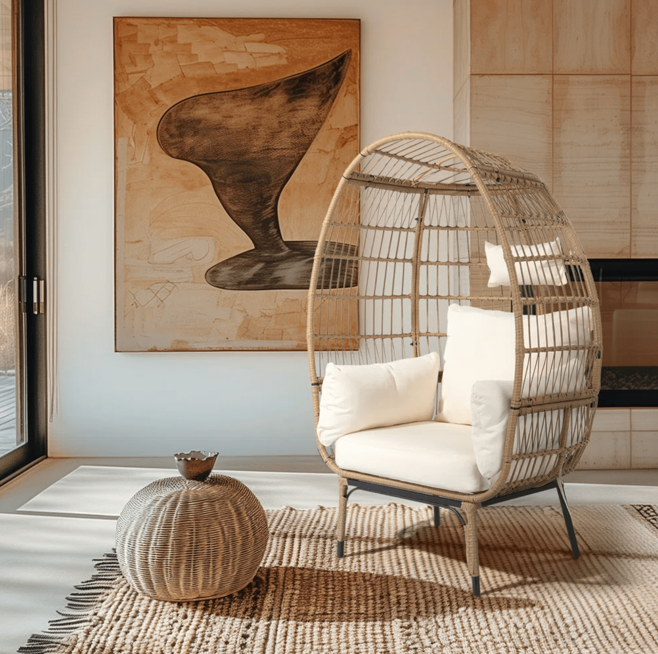 Boho Egg Chair Wicker Outdoor Indoor, Oversized Lounger with 370lbs Capacity Large Egg Chairs with Stand Cushion Egg Basket Chair for Patio, Balcony, Bedroom - Beige