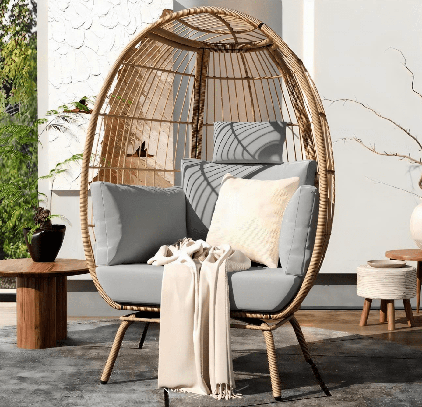 Boho Egg Chair Wicker Outdoor Indoor, Oversized Lounger with 370lbs Capacity Large Egg Chairs with Stand Cushion Egg Basket Chair for Patio, Balcony, Bedroom - Grey