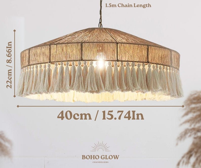 Boho Fringe Chandelier - Handcrafted Cotton Pendant Light with Tassel Lamp Shade for Nursery Lighting and Bohemian Ceiling Decor