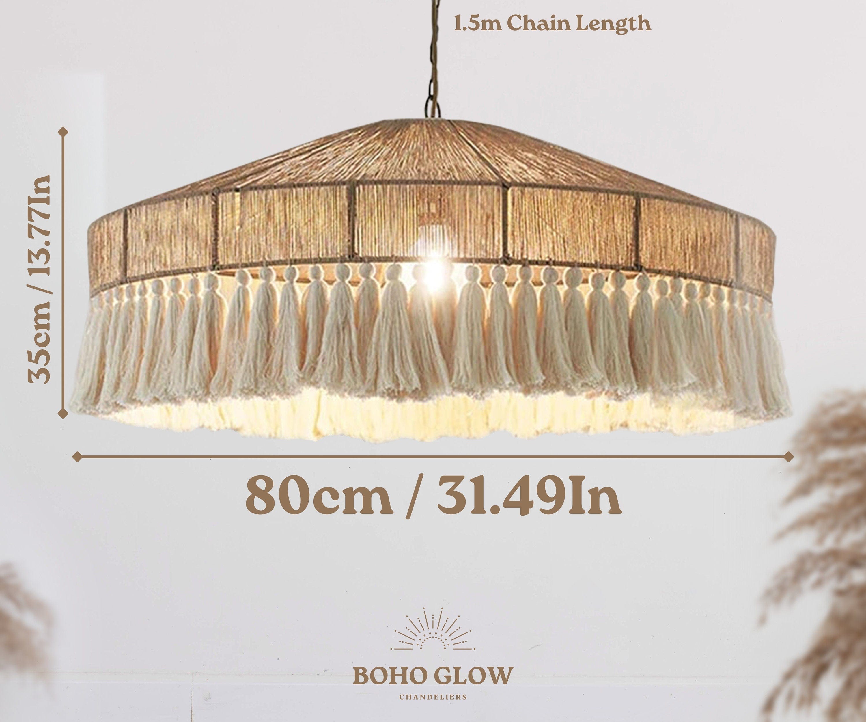 Boho Fringe Chandelier - Handcrafted Cotton Pendant Light with Tassel Lamp Shade for Nursery Lighting and Bohemian Ceiling Decor XLarge 80cm/31.49In