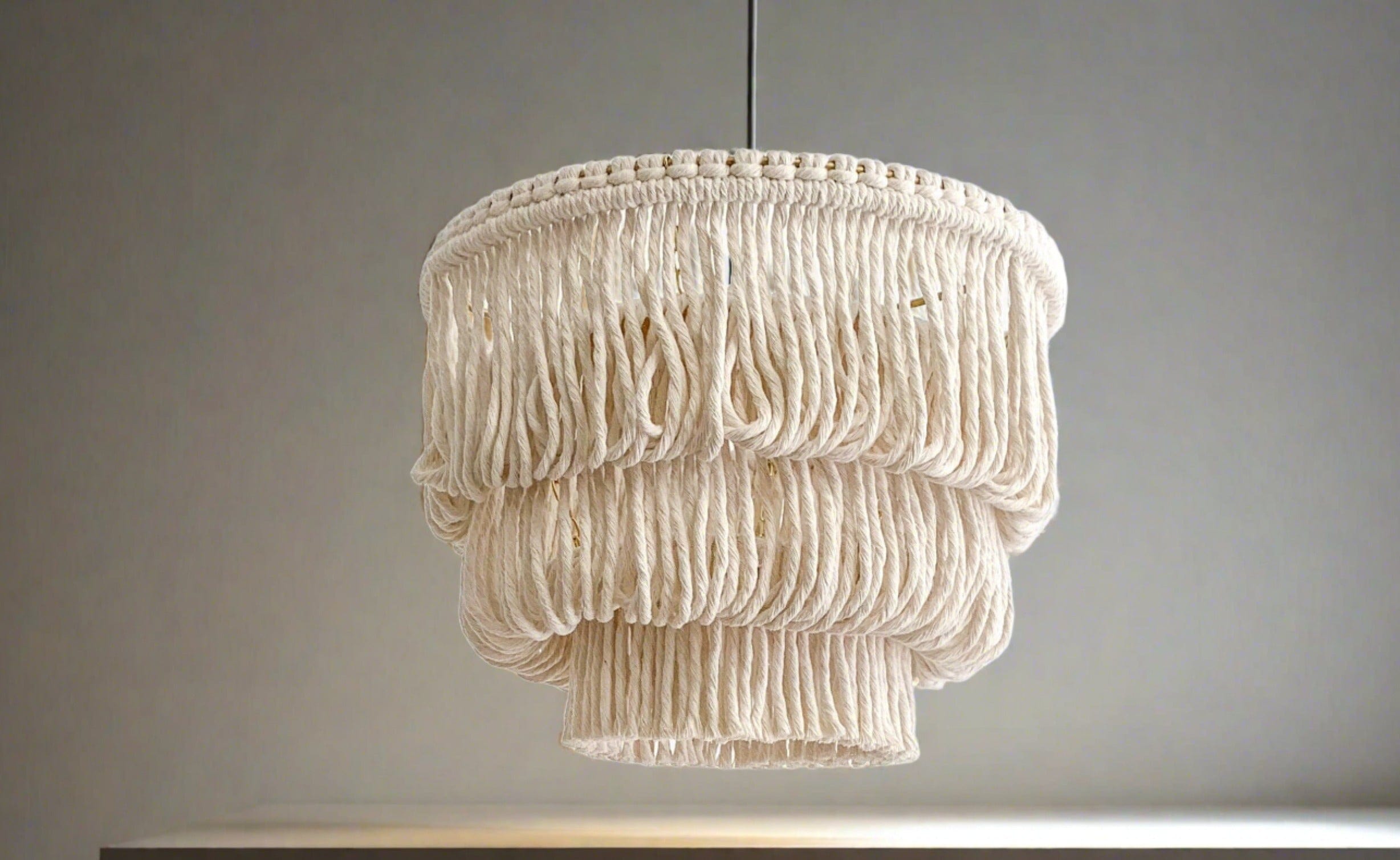 Boho Fringe Cotton Chandelier, Beach Style Ceiling Light Fixture - 42cm Width, 30cm Height