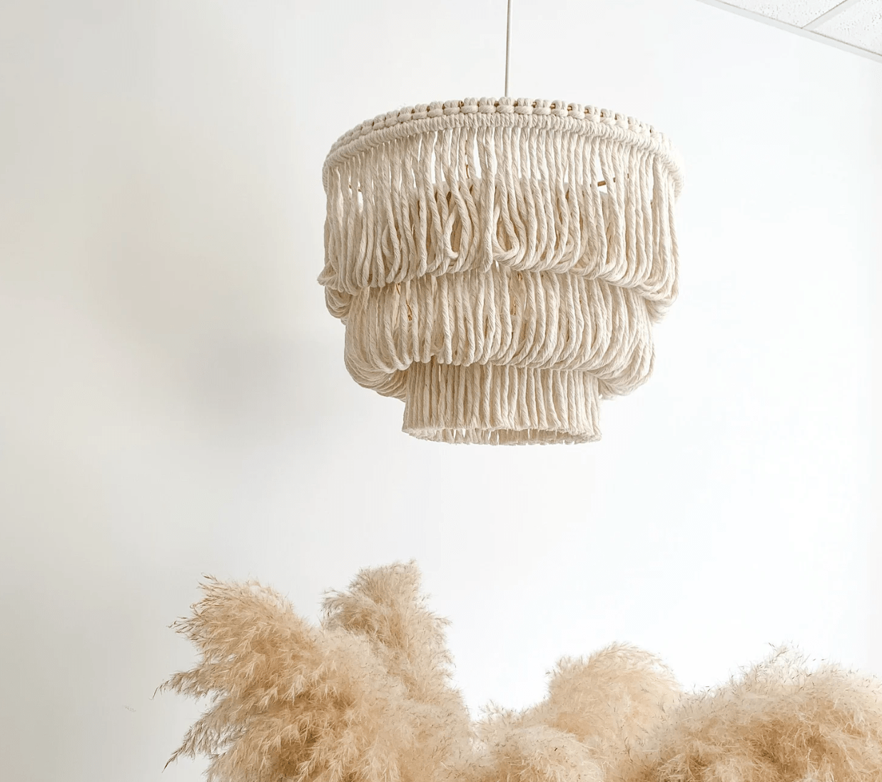 Boho Fringe Cotton Chandelier, Beach Style Ceiling Light Fixture - 42cm Width, 30cm Height With plug to outlet