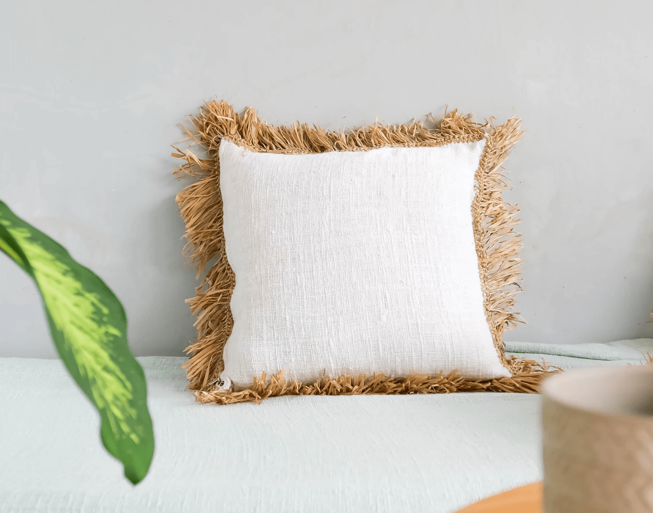 Boho Fringed Pillow Cover - Organic White Cotton - Bohemian Decorative Throw Pillow - Raffia & Jute Pillowcase