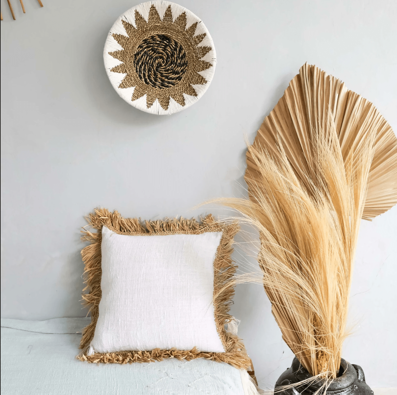 Boho Fringed Pillow Cover - Organic White Cotton - Bohemian Decorative Throw Pillow - Raffia & Jute Pillowcase White