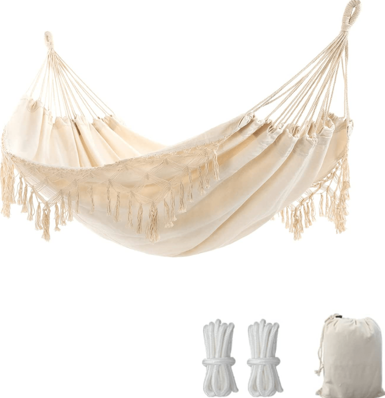 Boho Hammock - Large Double Deluxe Hammock Swing Bed with Carry Bag for Outdoor and Wedding Party Decor - White (78.7")