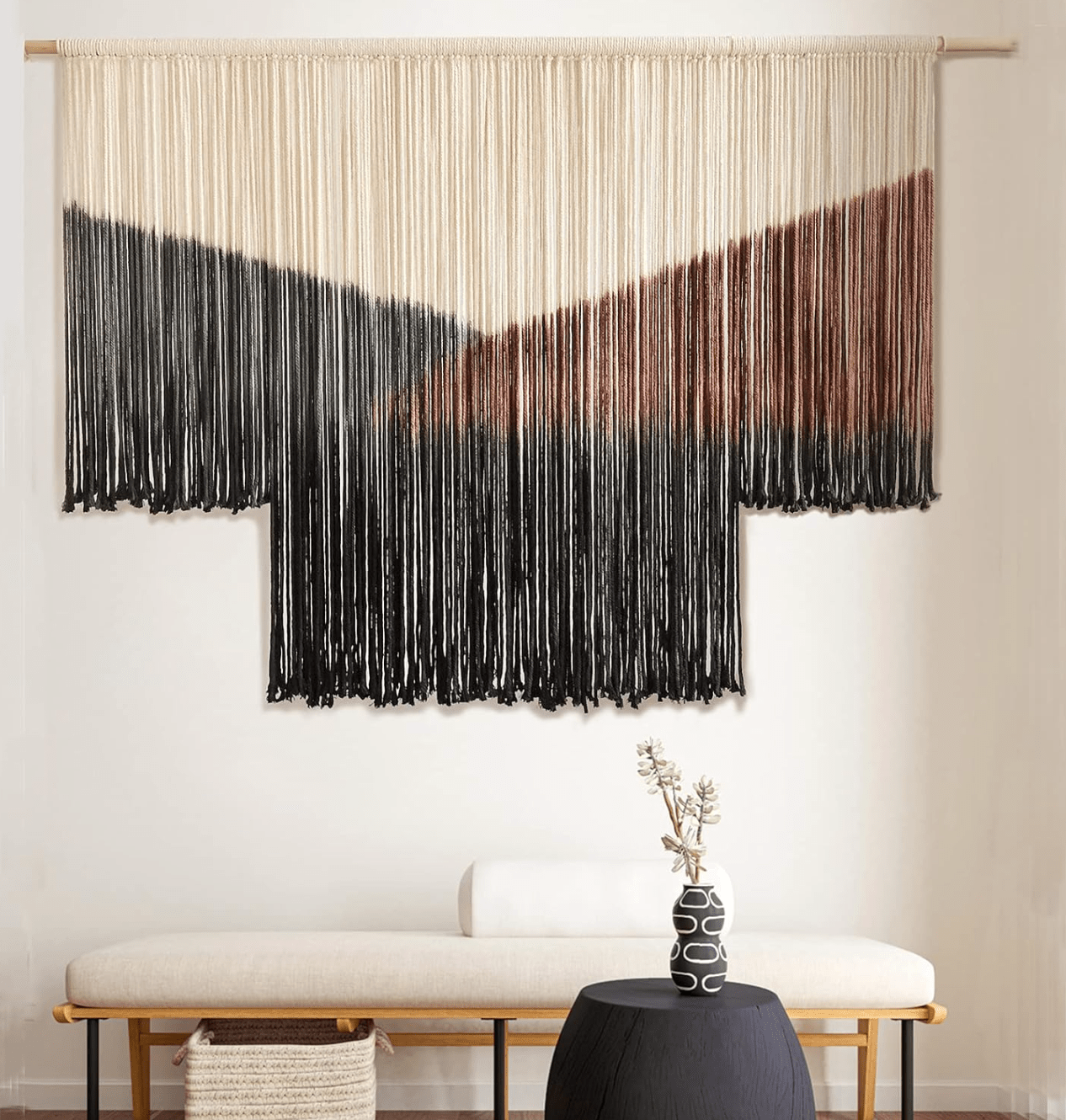 Boho-Inspired Large Black Tie-Dye Geometric Macrame Wall Hanging - Handwoven Cotton Yarn Tapestry for Home Decor - 59"Wx35"L