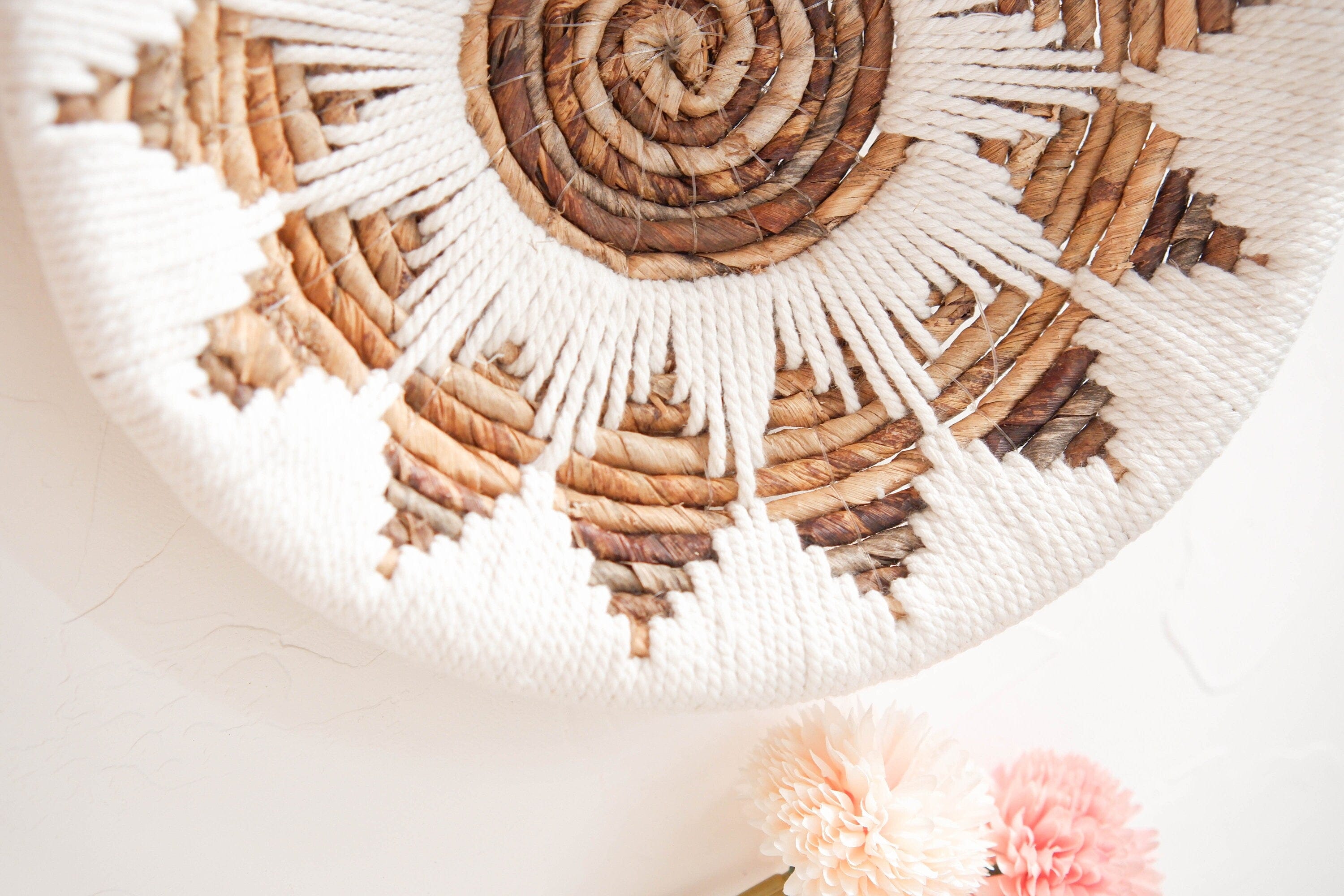 Boho Macrame Basket Wall Decor - Handwoven Banana Bark & Raffia Hanging Basket - Coastal Bohemian Wall Art