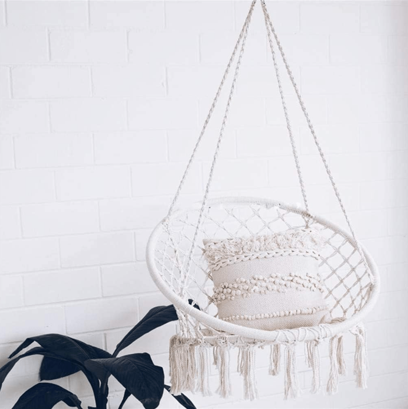 Boho Macrame Hammock Hanging Swinging Chair - Comfortable, Stylish, and Portable - Perfect for Bedroom, Porch, Balcony - Includes Thick Cushion - Beige