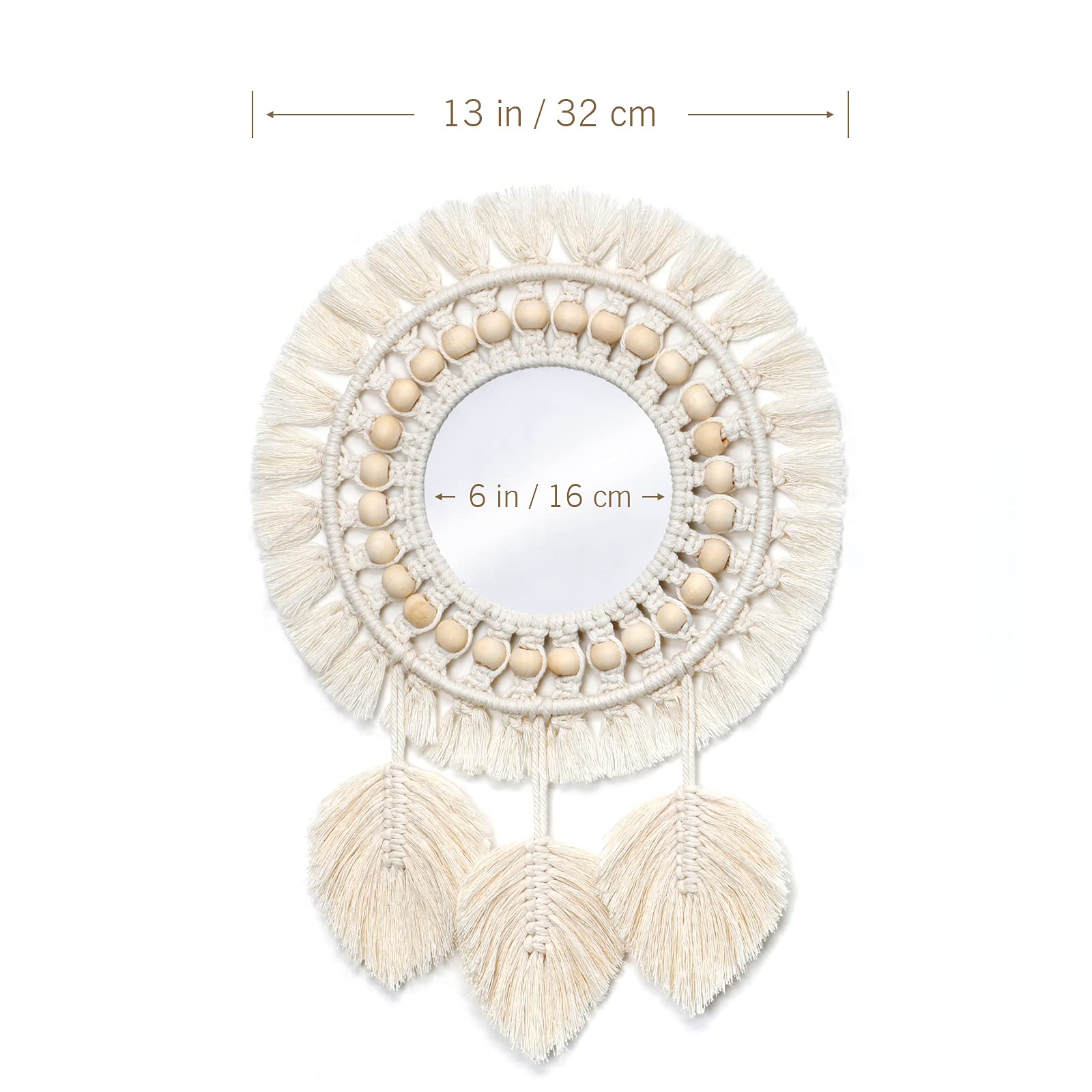 Boho Macrame Wall Mirror with Feather Pendant | Handwoven Cotton and Wood Beads | 13-inch Decorative Mirror