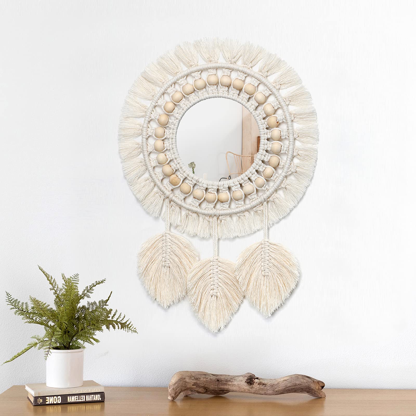 Boho Macrame Wall Mirror with Feather Pendant | Handwoven Cotton and Wood Beads | 13-inch Decorative Mirror