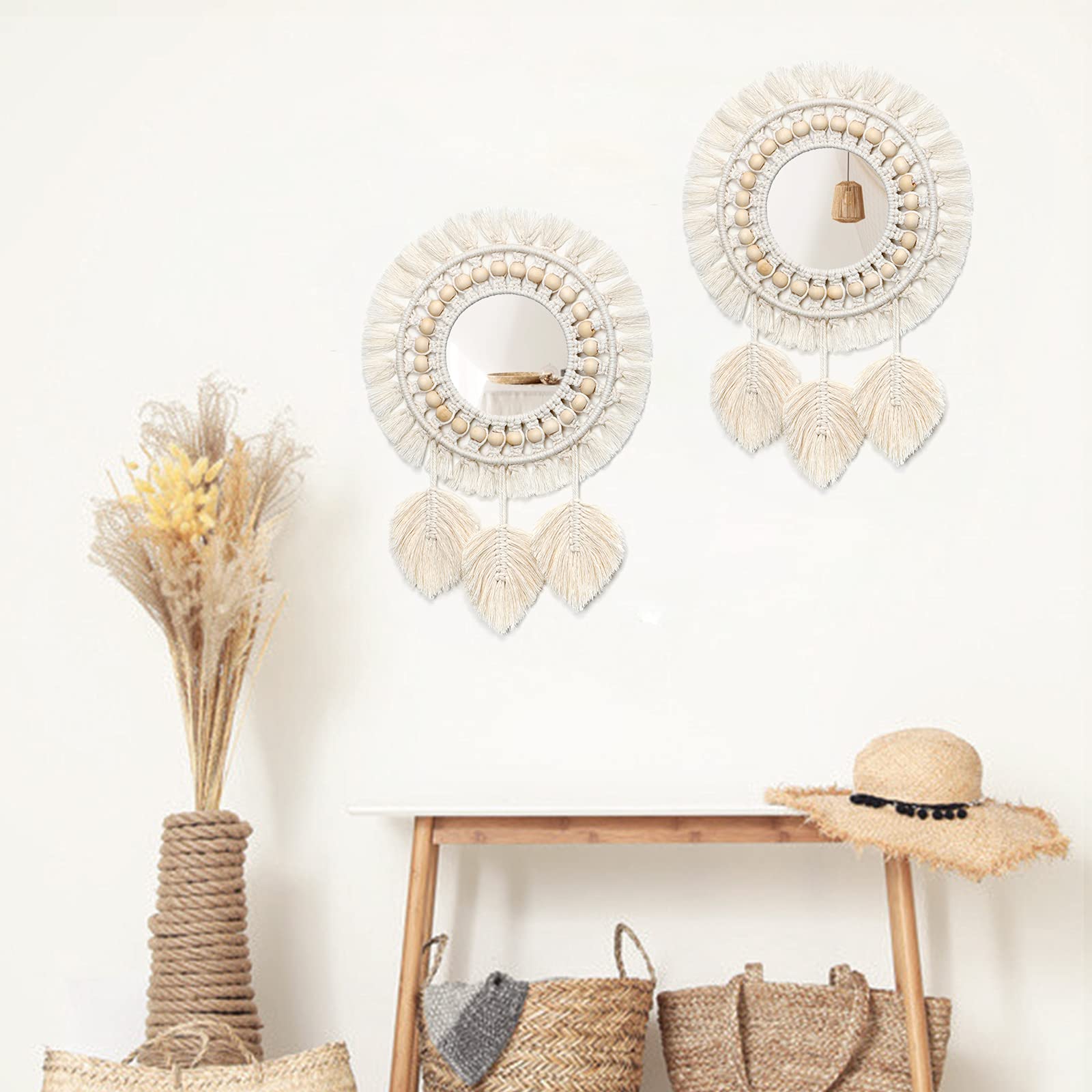 Boho Macrame Wall Mirror with Feather Pendant | Handwoven Cotton and Wood Beads | 13-inch Decorative Mirror