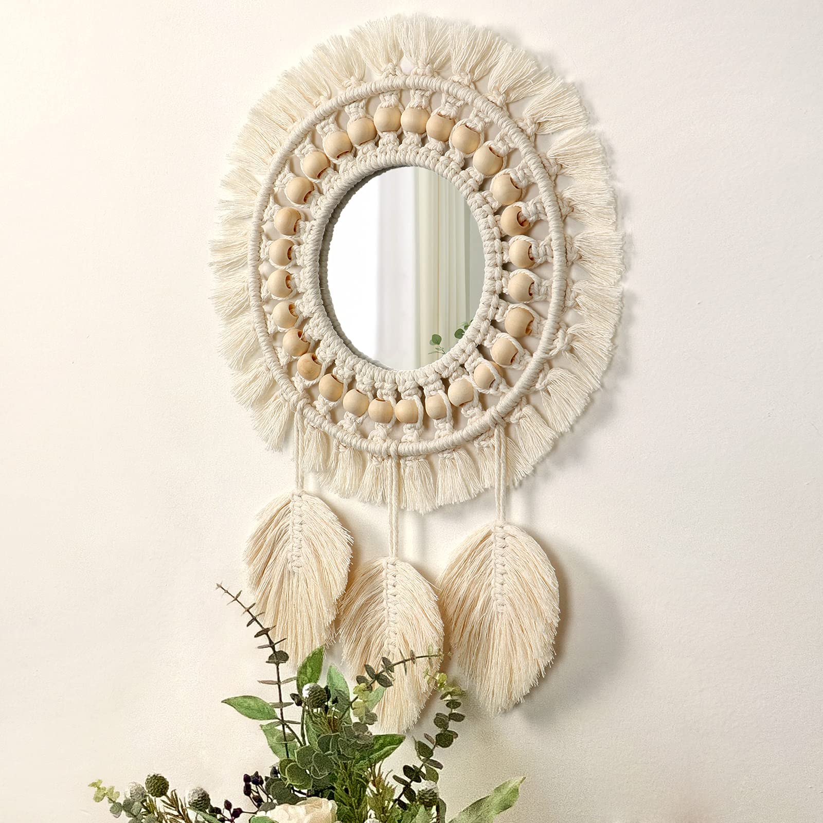 Boho Macrame Wall Mirror with Feather Pendant | Handwoven Cotton and Wood Beads | 13-inch Decorative Mirror