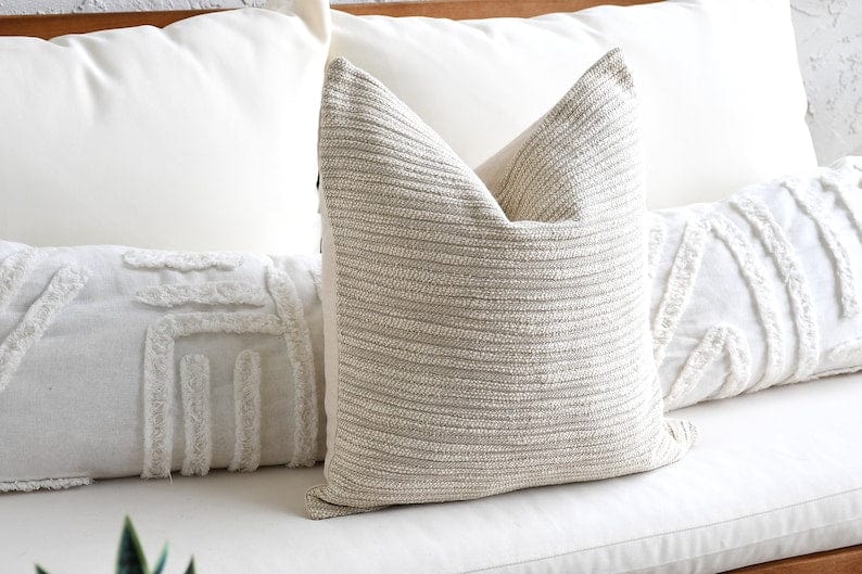 Boho Pillow Set - 3-Piece Neutral Décor Collection | Beige & White | Handwoven Cotton & Wool