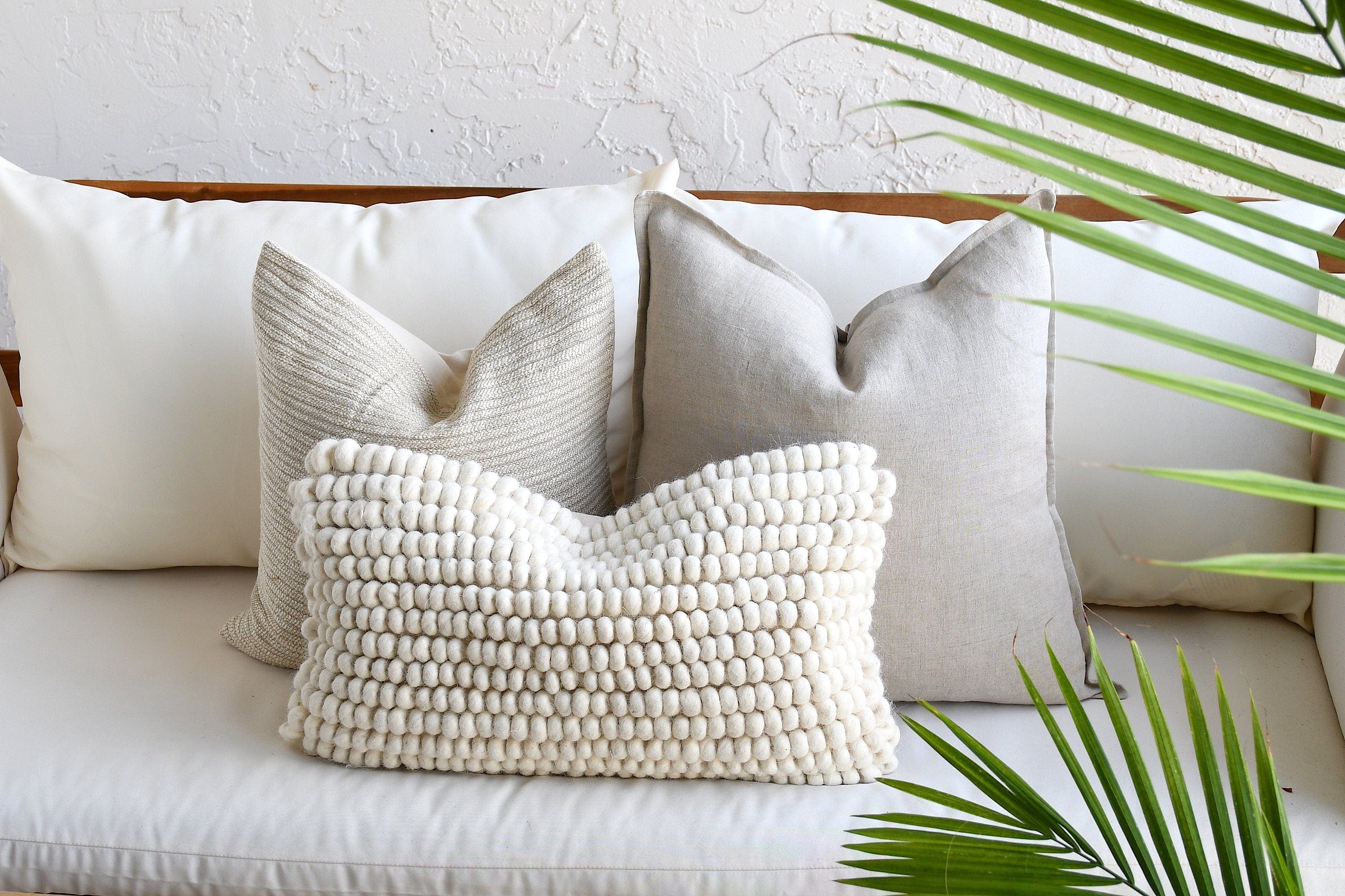 Boho Pillow Set - 3-Piece Neutral Décor Collection | Beige & White | Handwoven Cotton & Wool