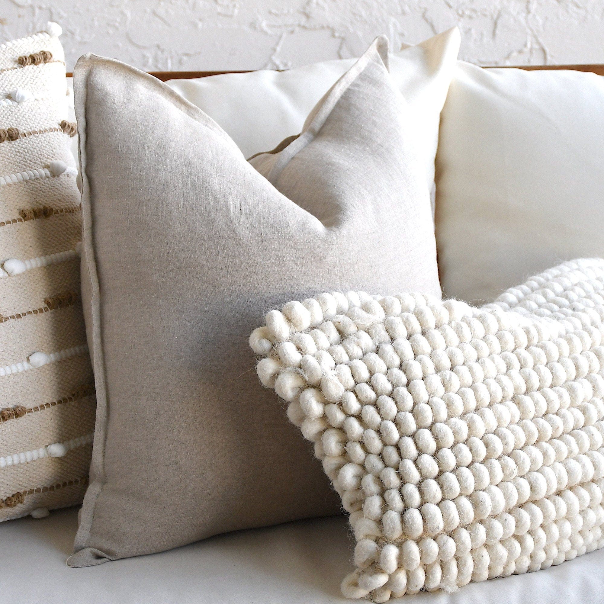 Boho Pillow Set - 3-Piece Neutral Décor Collection | Beige & White | Handwoven Cotton & Wool