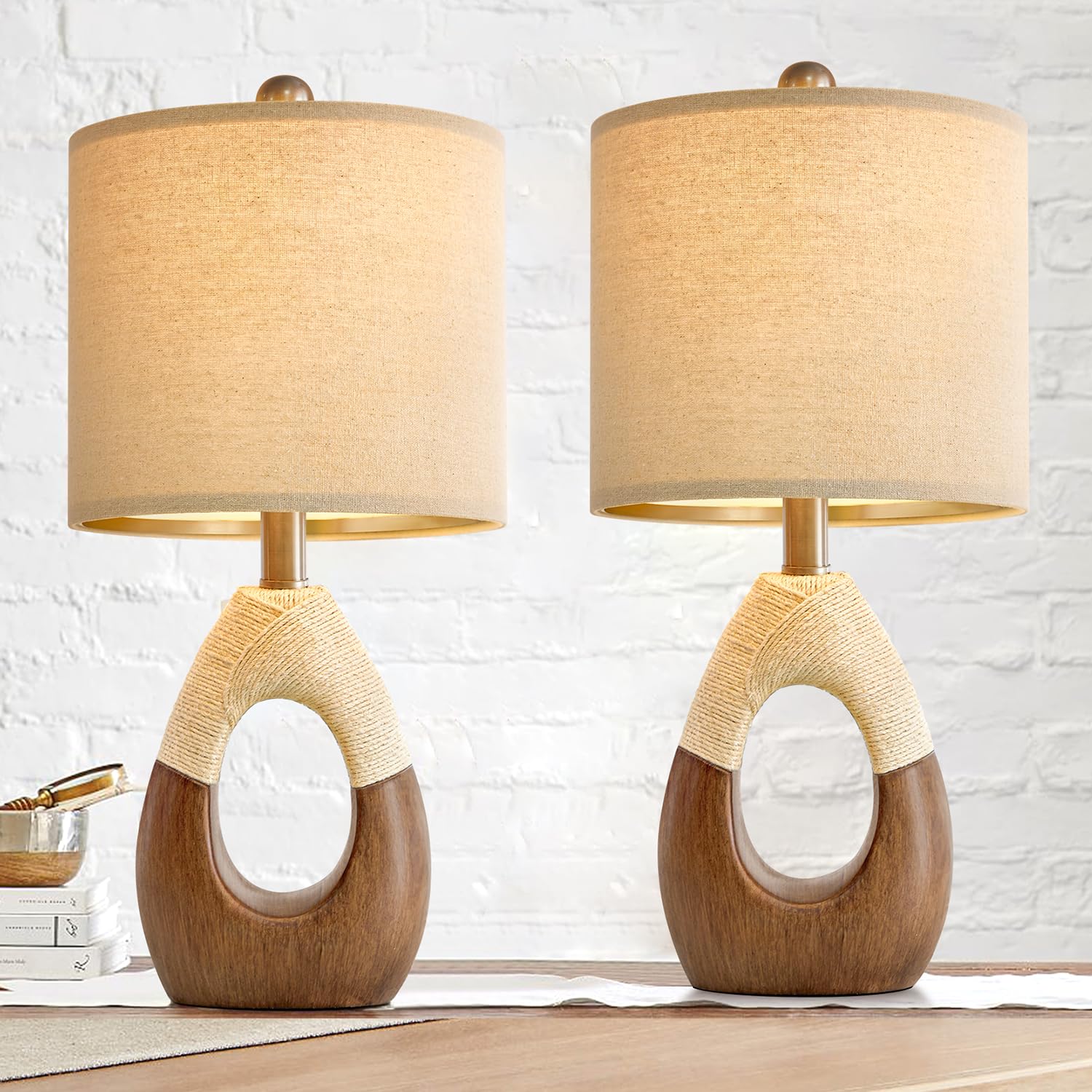 Boho Rattan Table Lamps Set of 2 | 19” Rustic Egg Design for Bedroom and Living Room