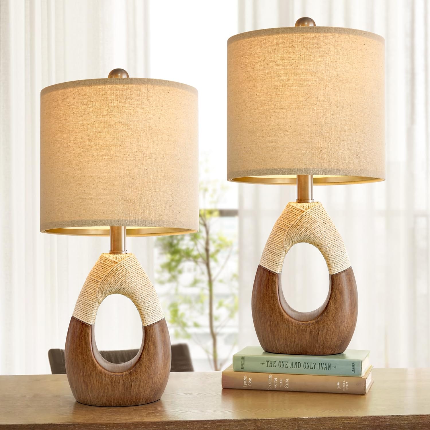 Boho Rattan Table Lamps Set of 2 | 19” Rustic Egg Design for Bedroom and Living Room