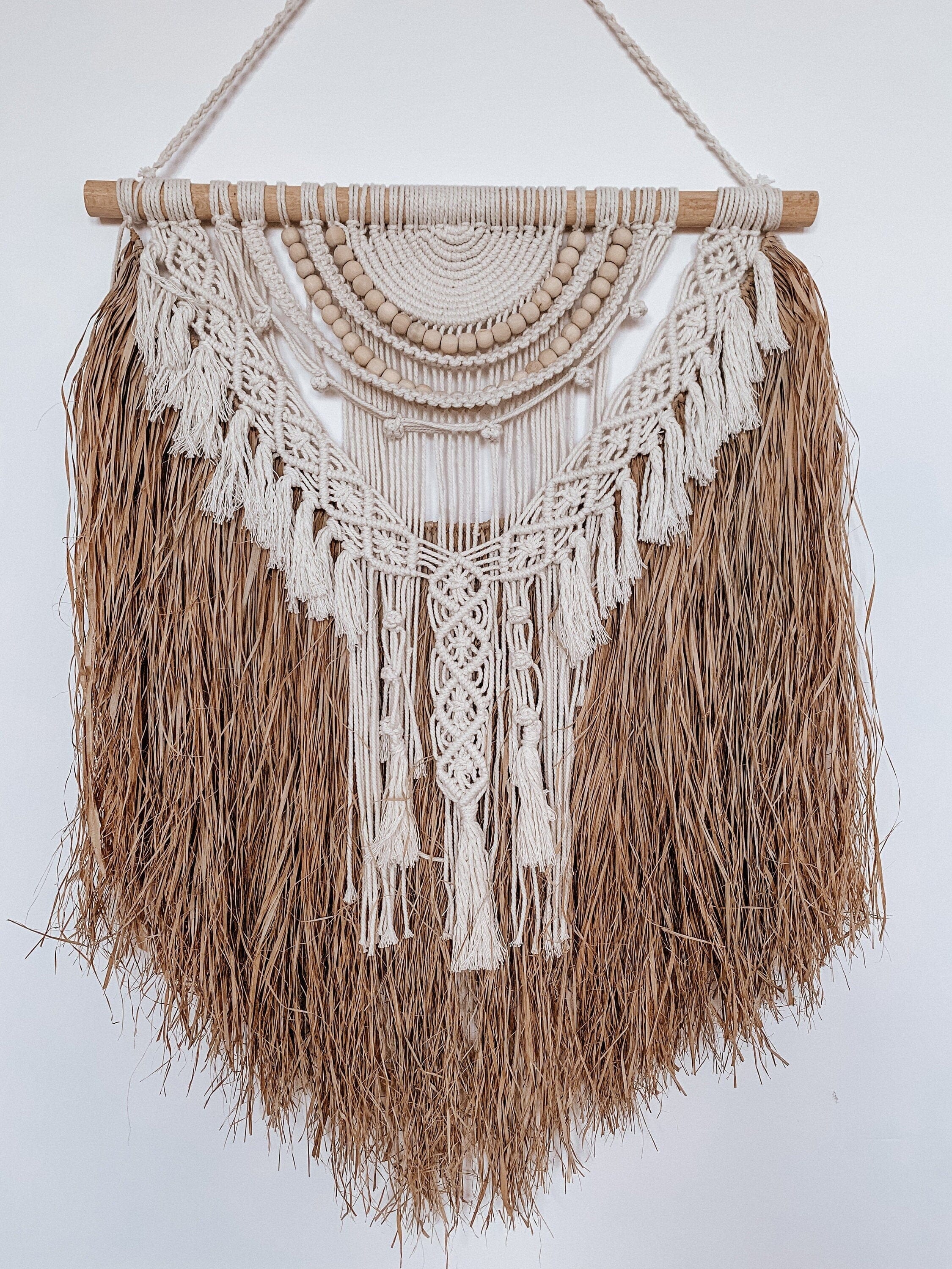 Boho Style Macrame Wall Hanging – Handmade Raffia Tapestry, Outdoor Decor, 95cm x 70cm, Bali Decor Wall Art