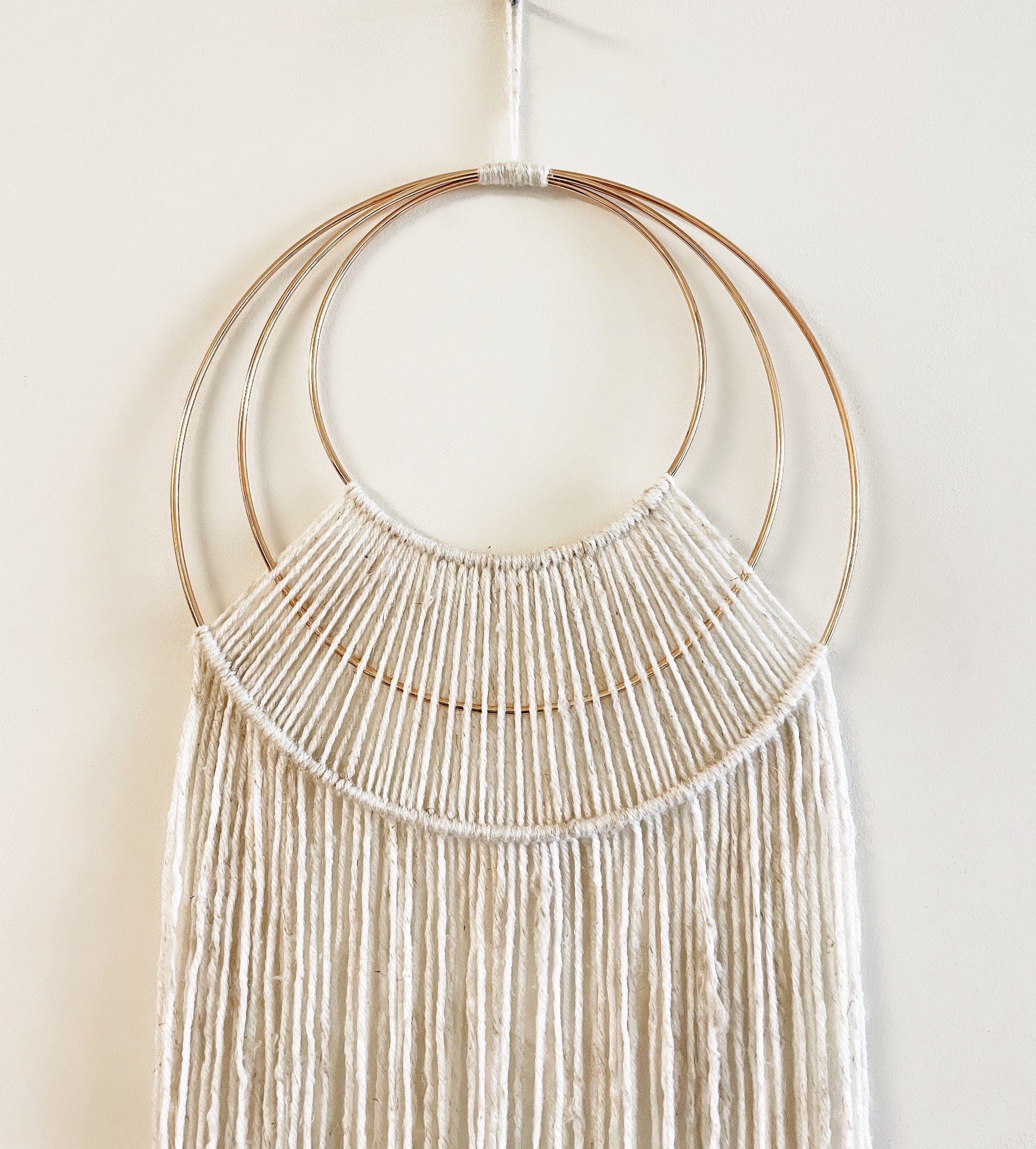 Boho Triple Hoop Wall Hanging - Beige Yarn Macrame Decor for Nursery or Home"