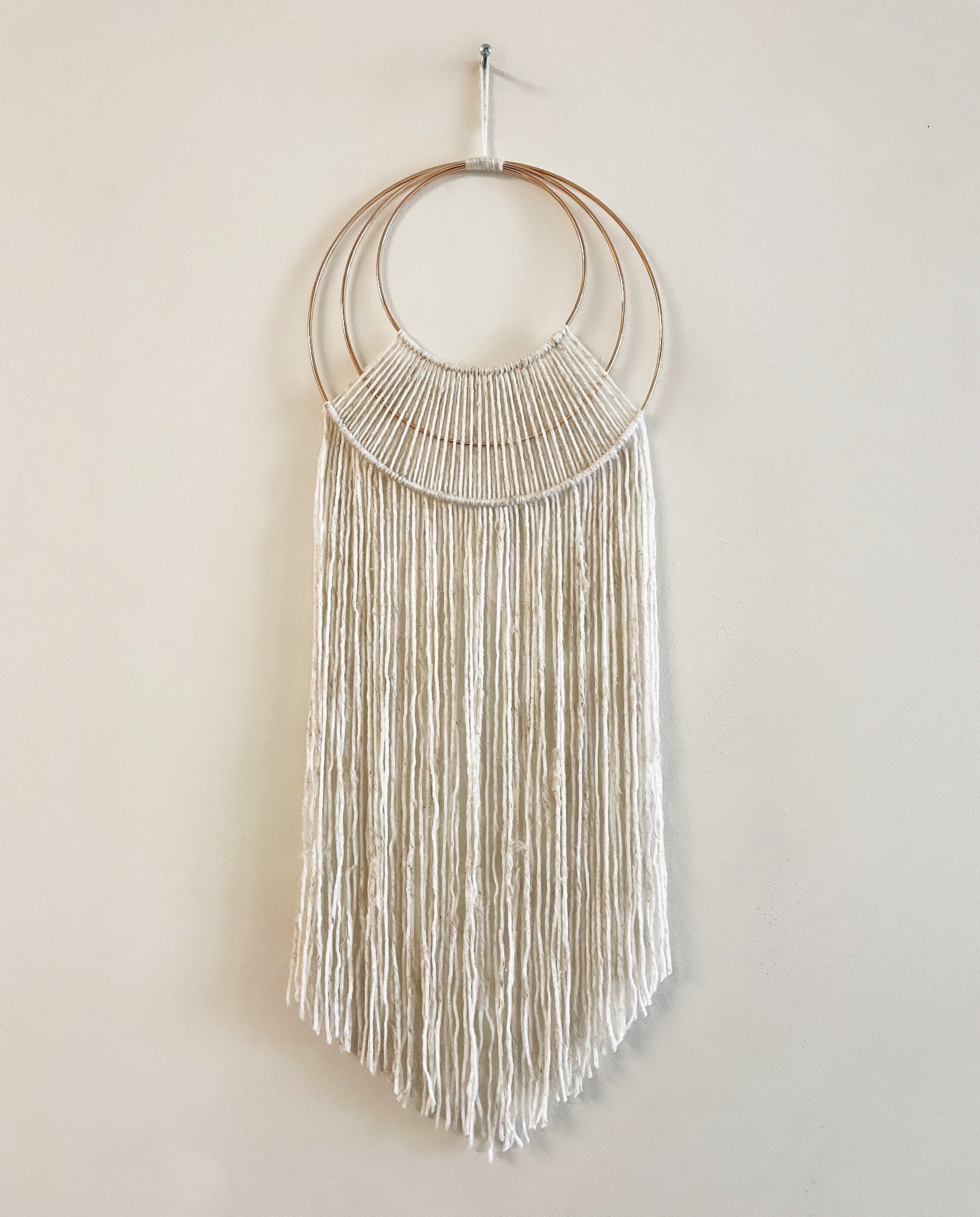 Boho Triple Hoop Wall Hanging - Beige Yarn Macrame Decor for Nursery or Home"