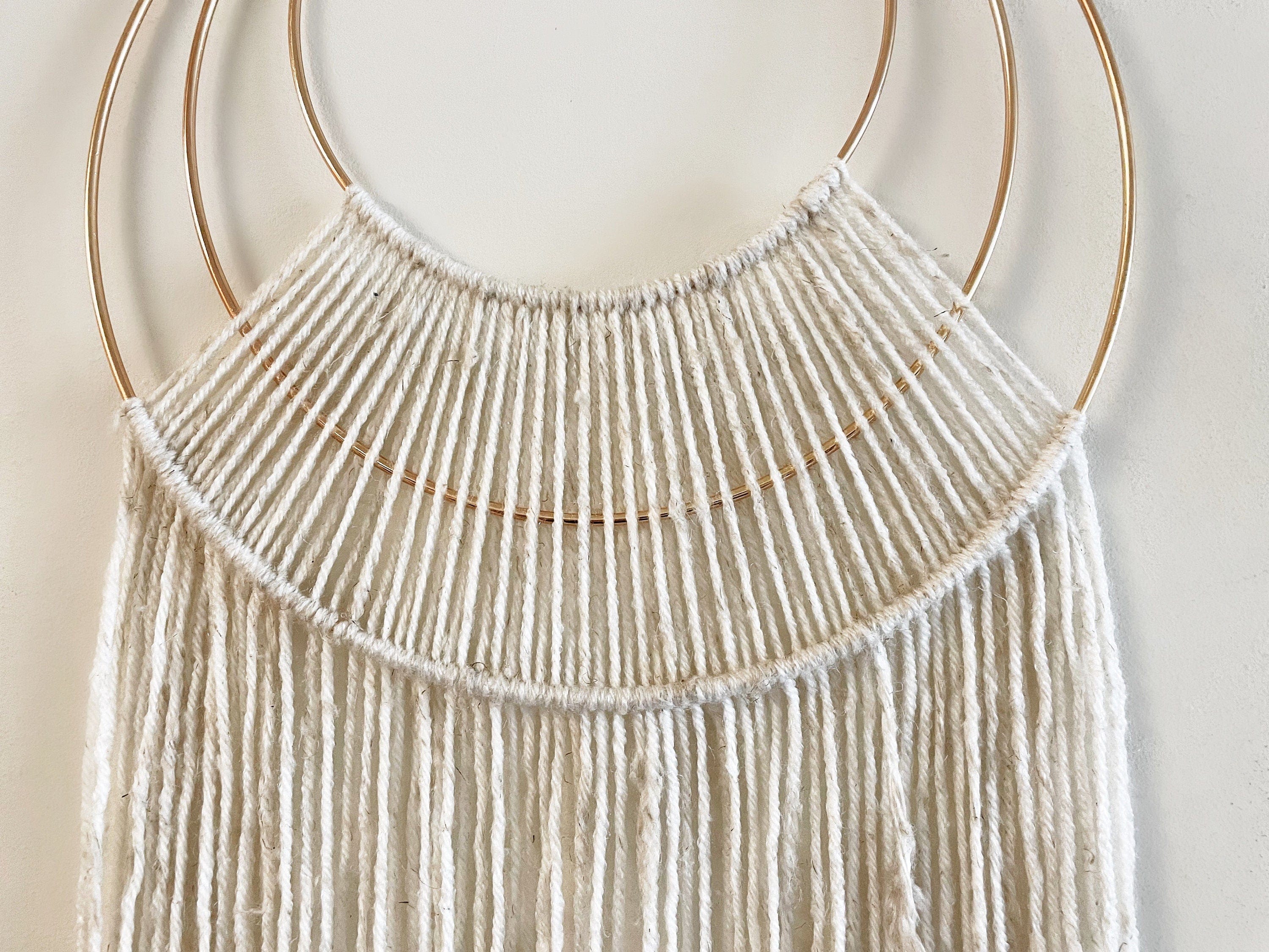 Boho Triple Hoop Wall Hanging - Beige Yarn Macrame Decor for Nursery or Home"