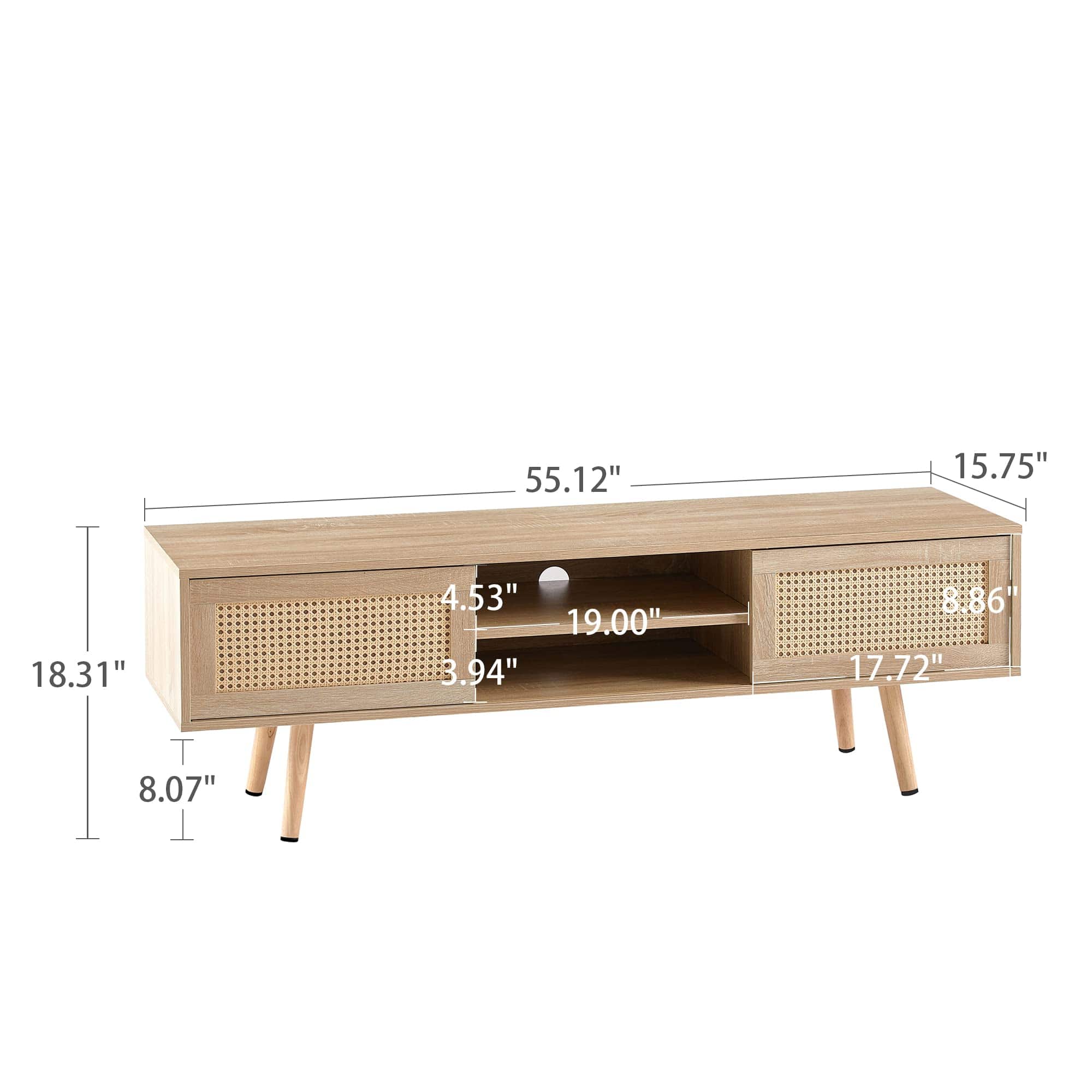 Boho TV Stand for 65+ Inch TVs – Natural Wood Media Console with Rattan Sliding Doors and Adjustable Shelf