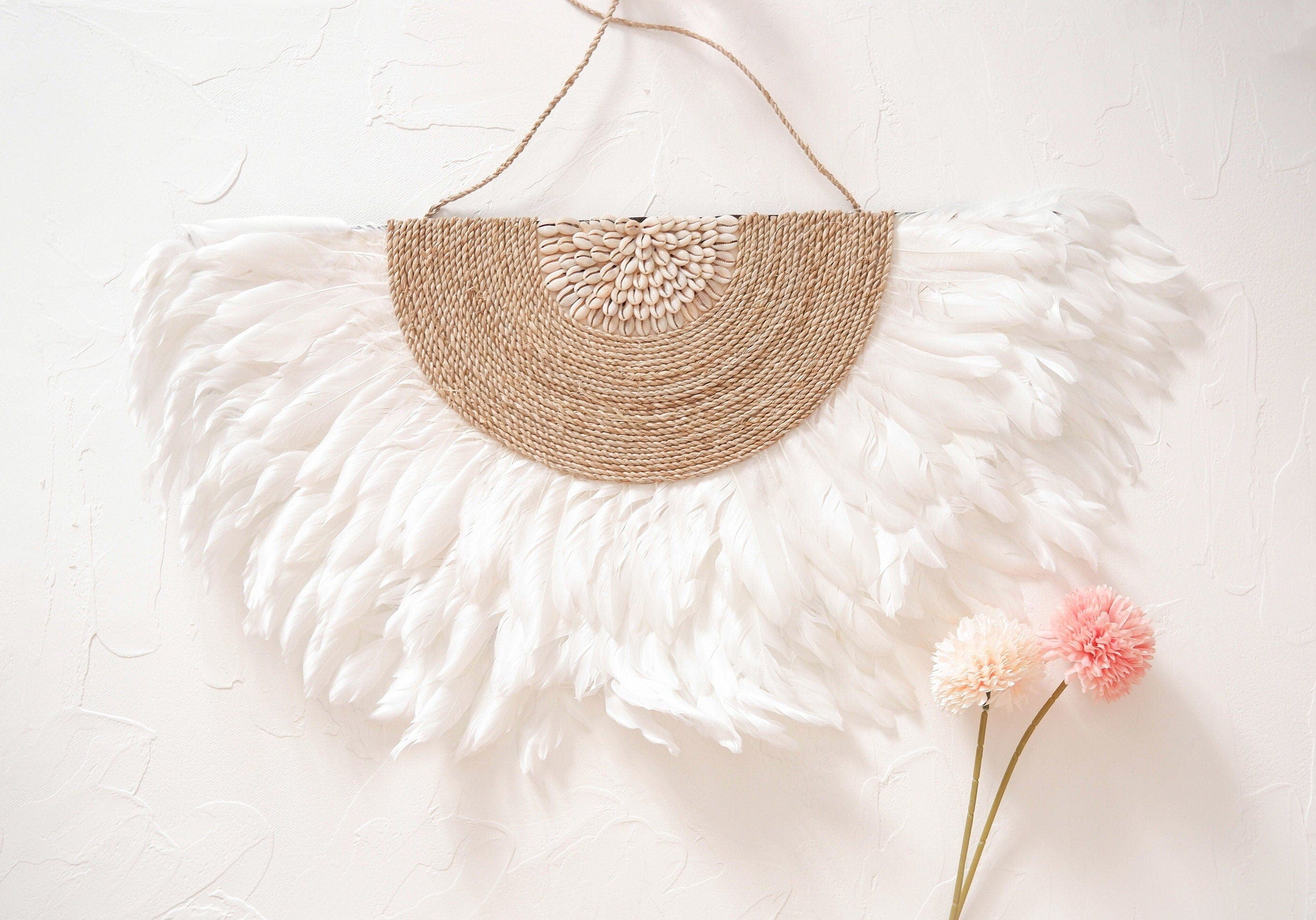 Boho White Juju Hat Feather Wall Decor with Sea Shell – Perfect for Beachy Bedrooms and Nurseries