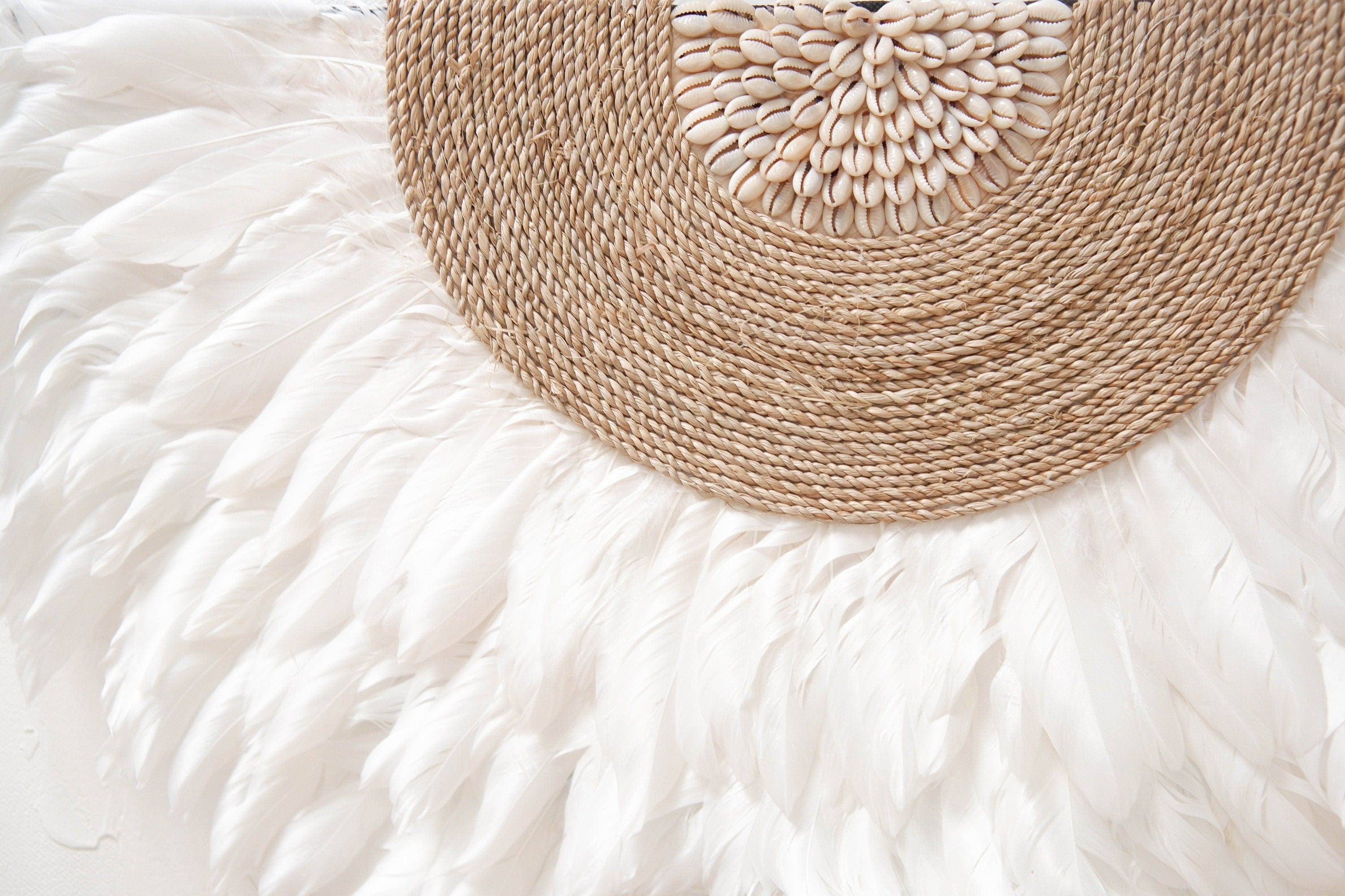 Boho White Juju Hat Feather Wall Decor with Sea Shell – Perfect for Beachy Bedrooms and Nurseries