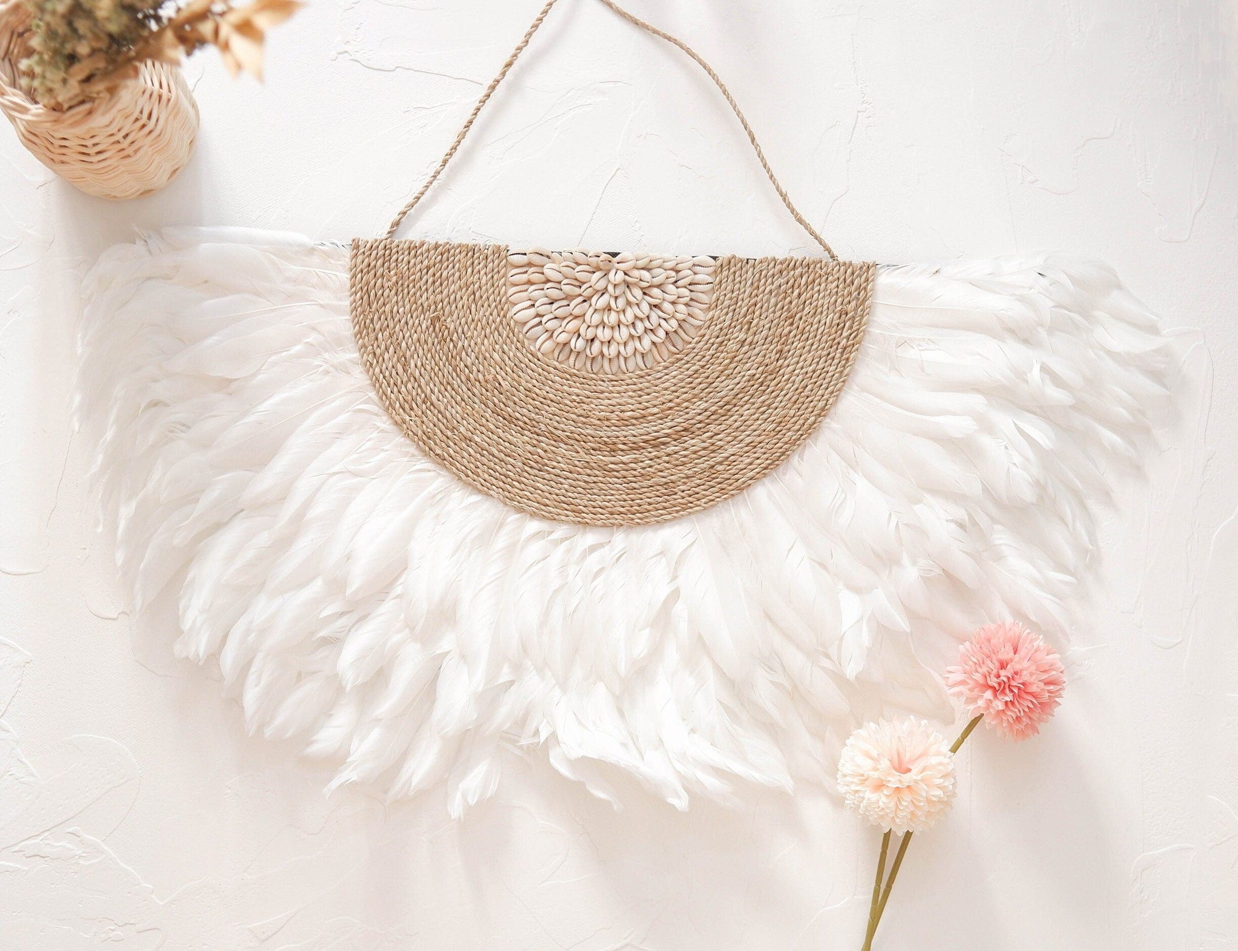 Boho White Juju Hat Feather Wall Decor with Sea Shell – Perfect for Beachy Bedrooms and Nurseries