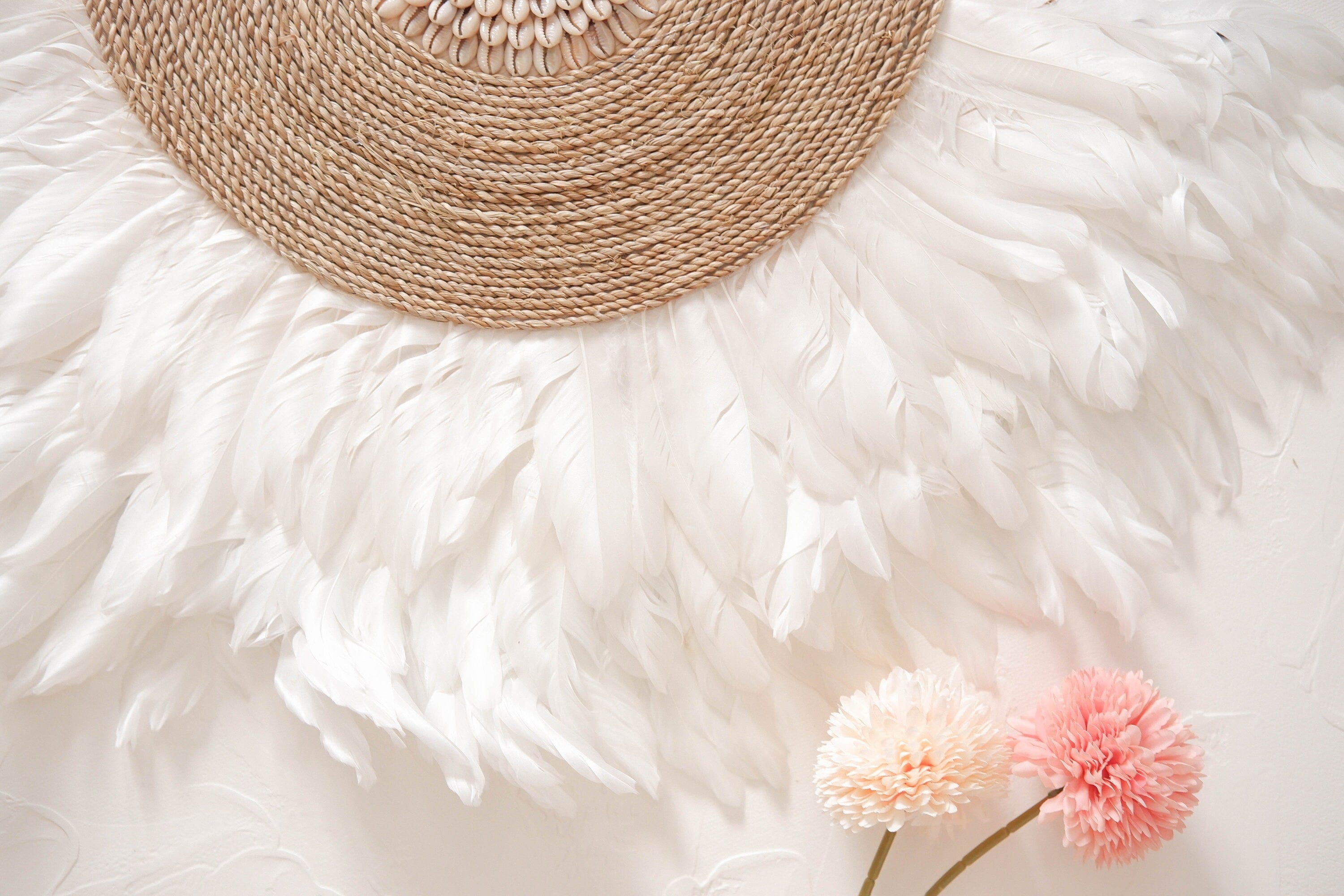 Boho White Juju Hat Feather Wall Decor with Sea Shell – Perfect for Beachy Bedrooms and Nurseries