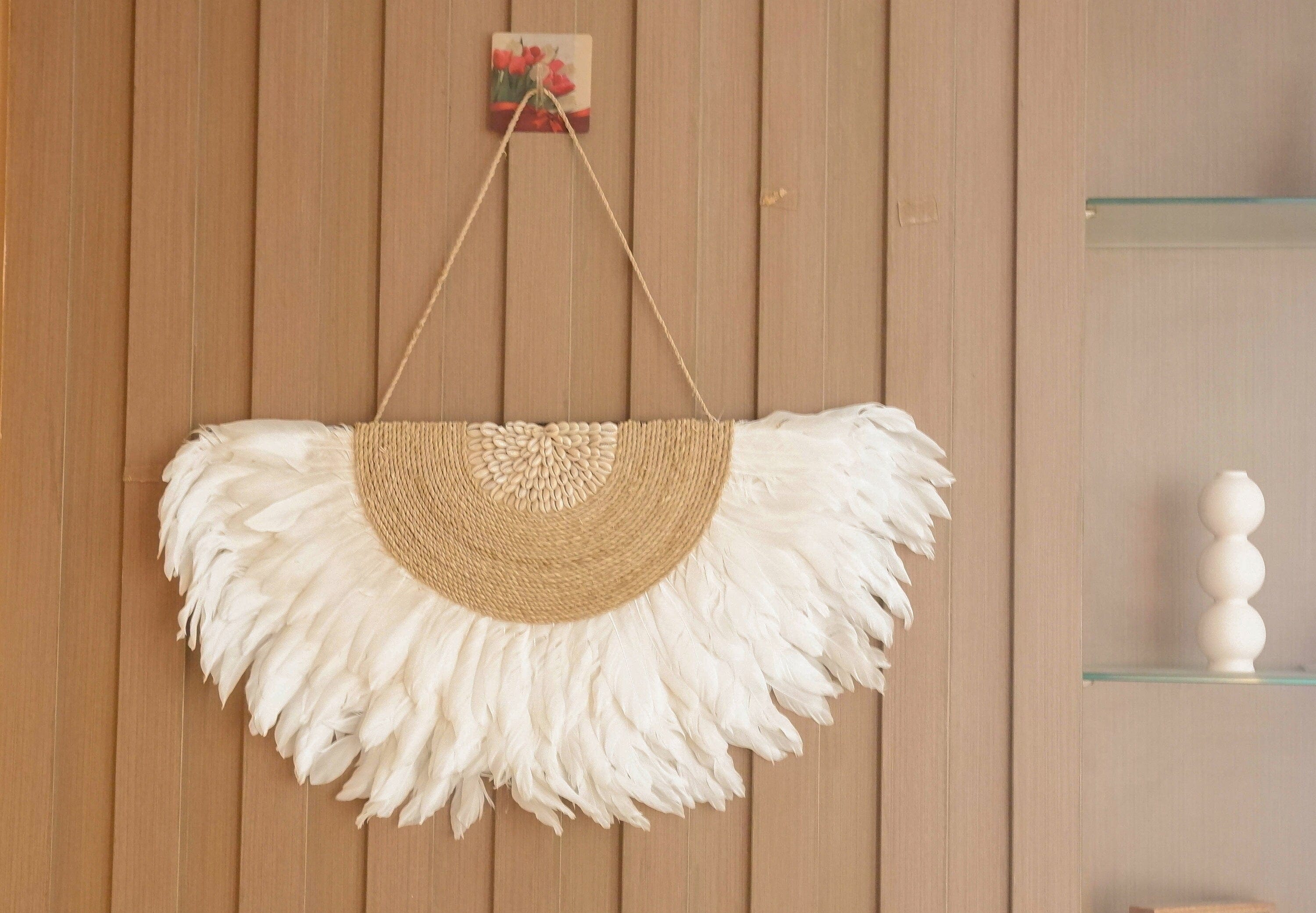 Boho White Juju Hat Feather Wall Decor with Sea Shell – Perfect for Beachy Bedrooms and Nurseries